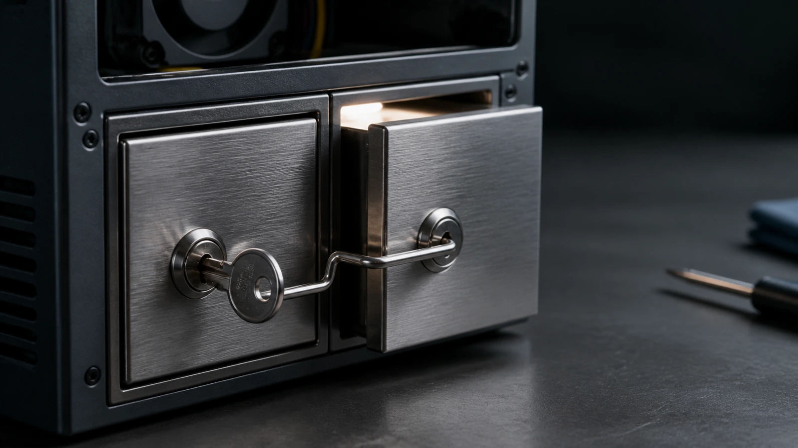 Two locked metal drawers built into a desktop computer are joined by one bent key mechanism, and the second drawer is open.