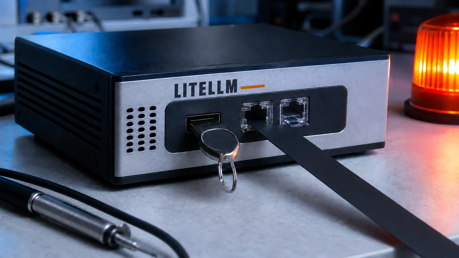 A proxy key opens a lab gateway while a plain black command strip exits through one of two preview ports.