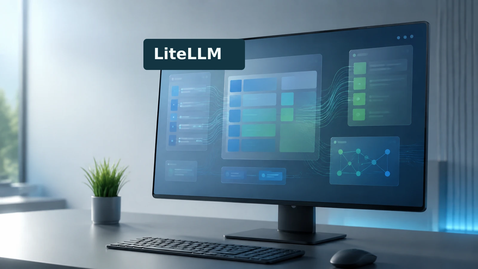 A desk workstation displays a blue LiteLLM software dashboard beneath a LiteLLM label.