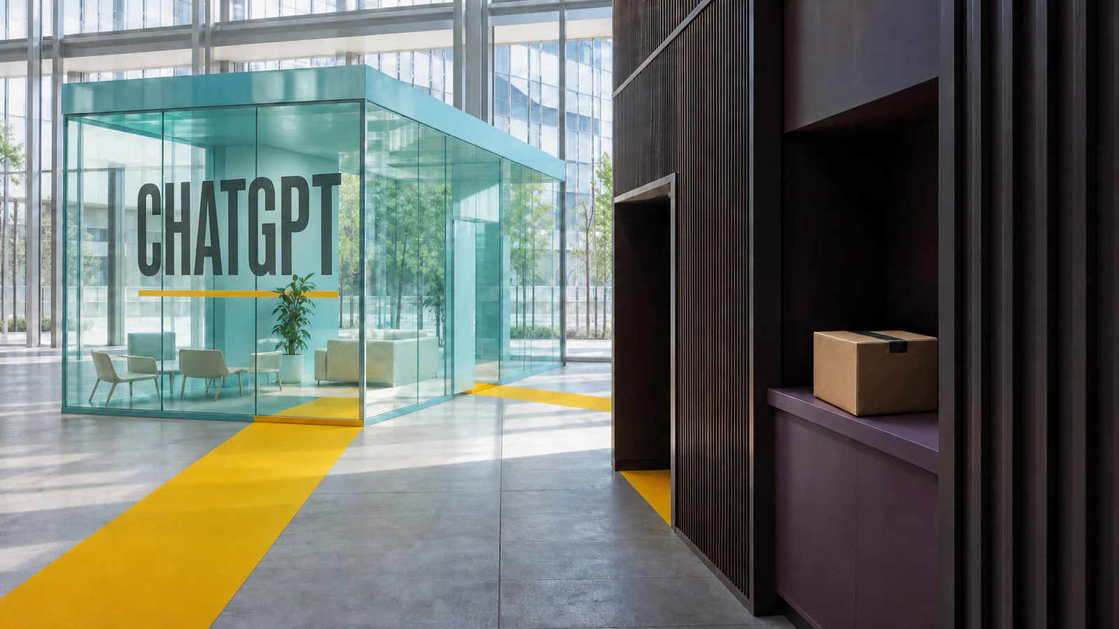 A yellow path crosses a bright glass sharing pavilion before turning into a dark kiosk with a software parcel.