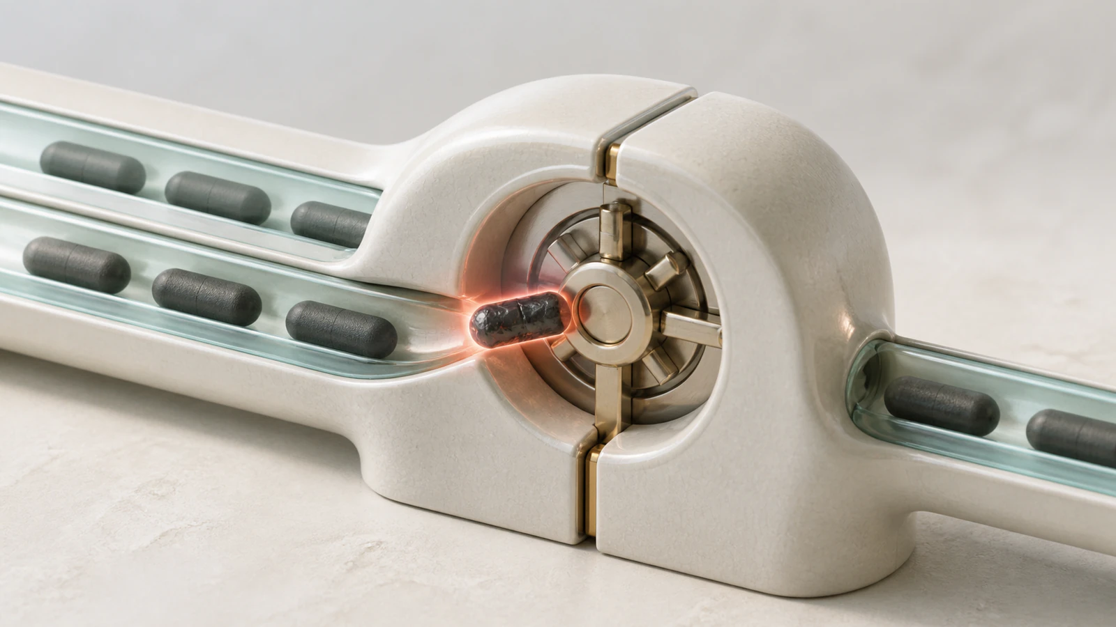 A pale ceramic traffic gate routes glass channels while one malformed dark capsule crosses an exposed brass control seam toward the machine core.