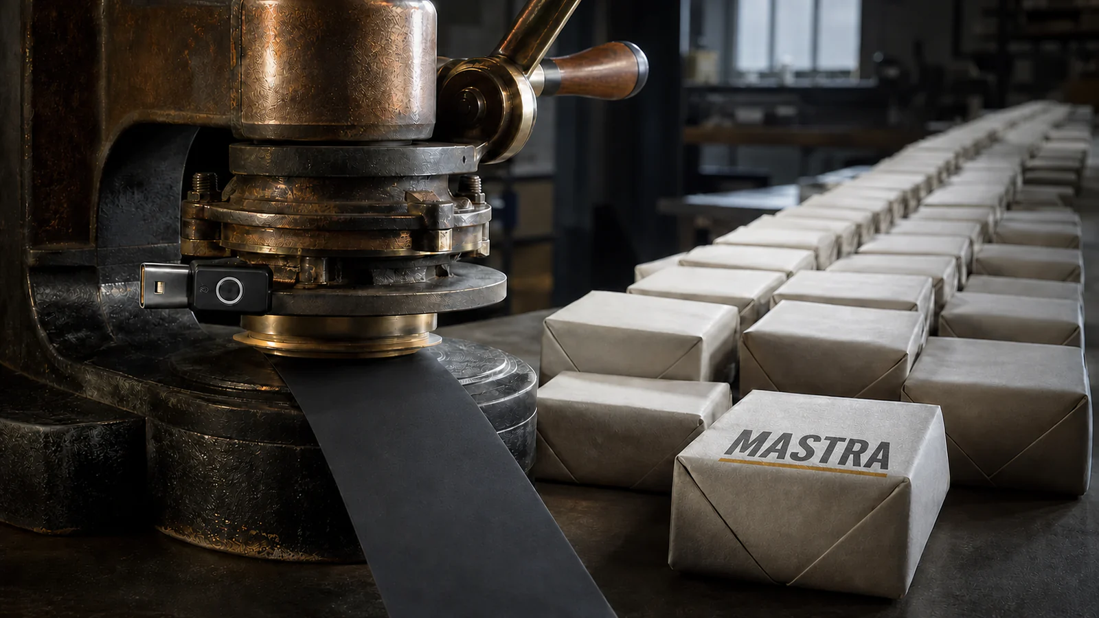 A stolen security key powers a copper publishing press that adds a hidden black layer beneath many pale packages.