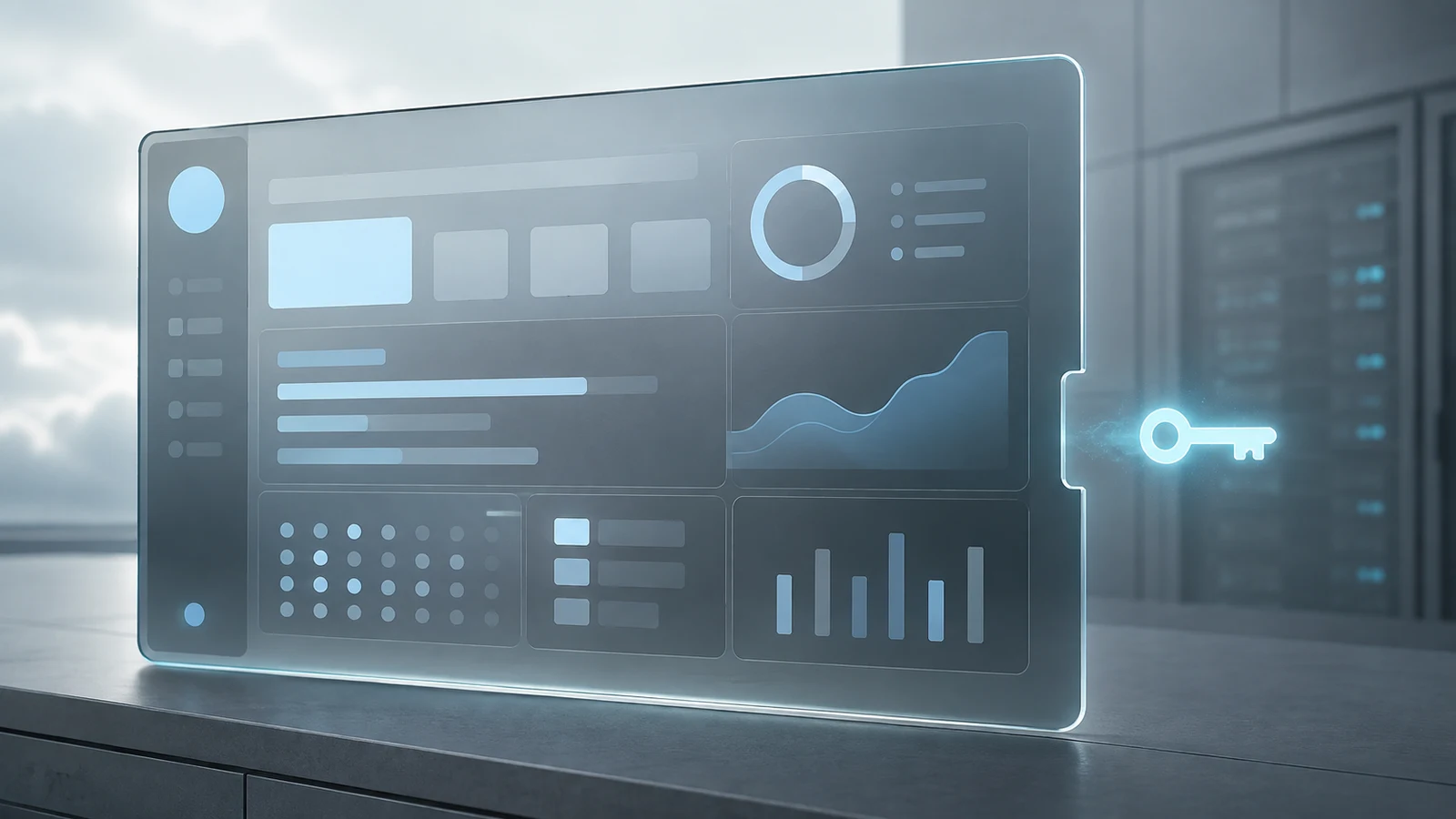 An editorial depiction of a glass cloud dashboard with one exposed glowing key