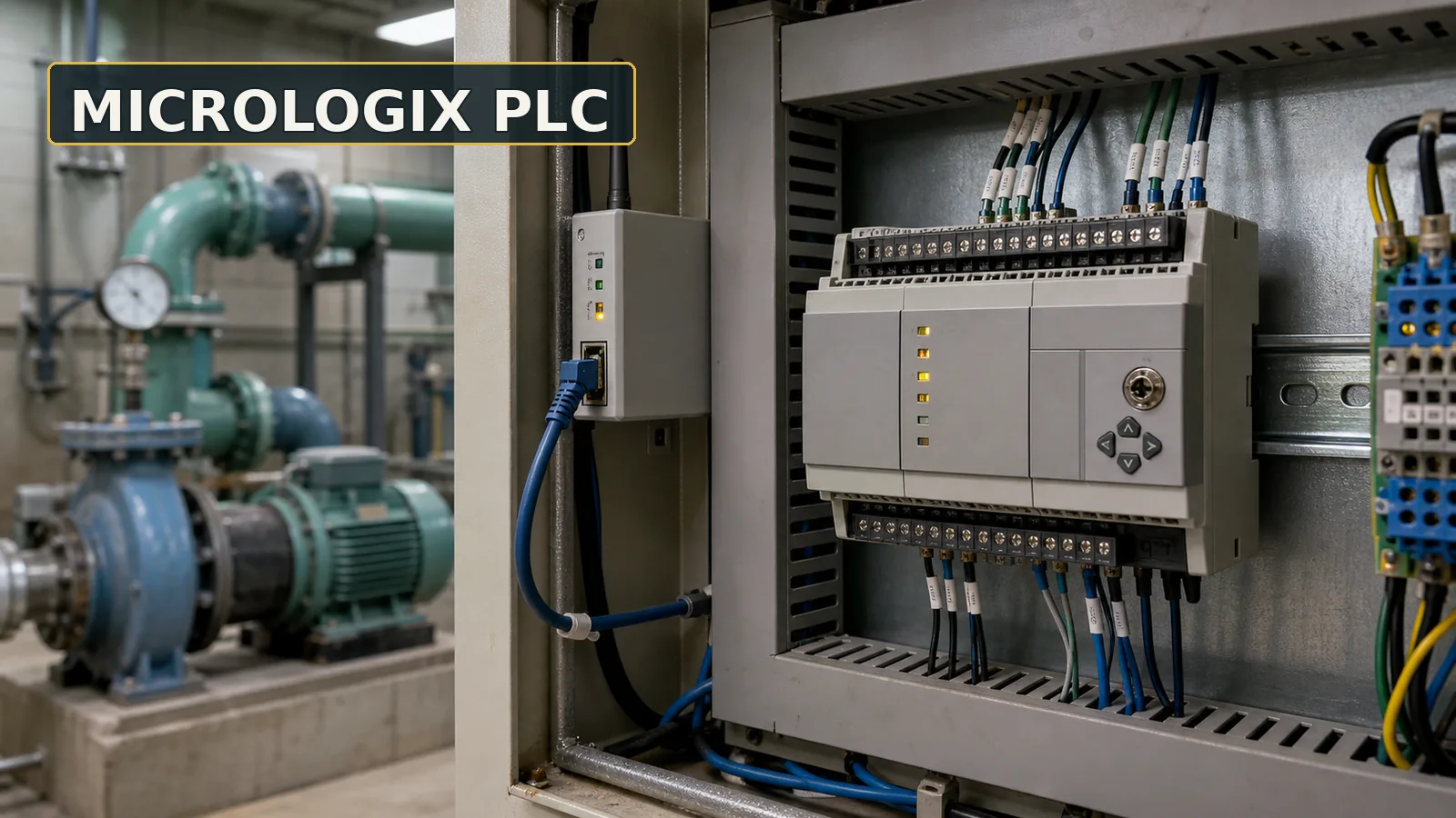Editorial view of a compact PLC and cellular gateway inside a water plant control cabinet, with pipes and a pump visible behind it.
