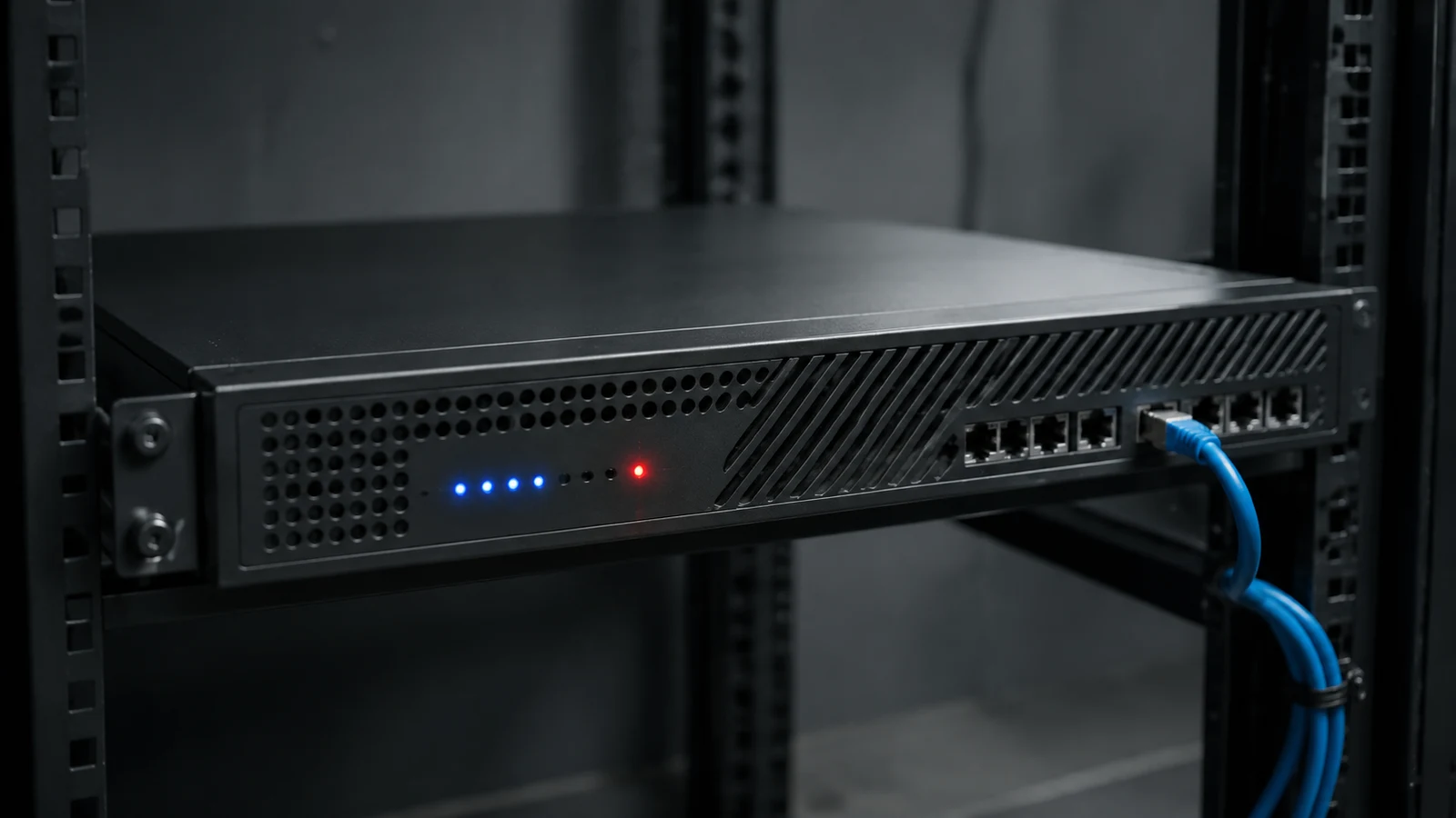 A single network router under inspection as one status light changes from blue to red.