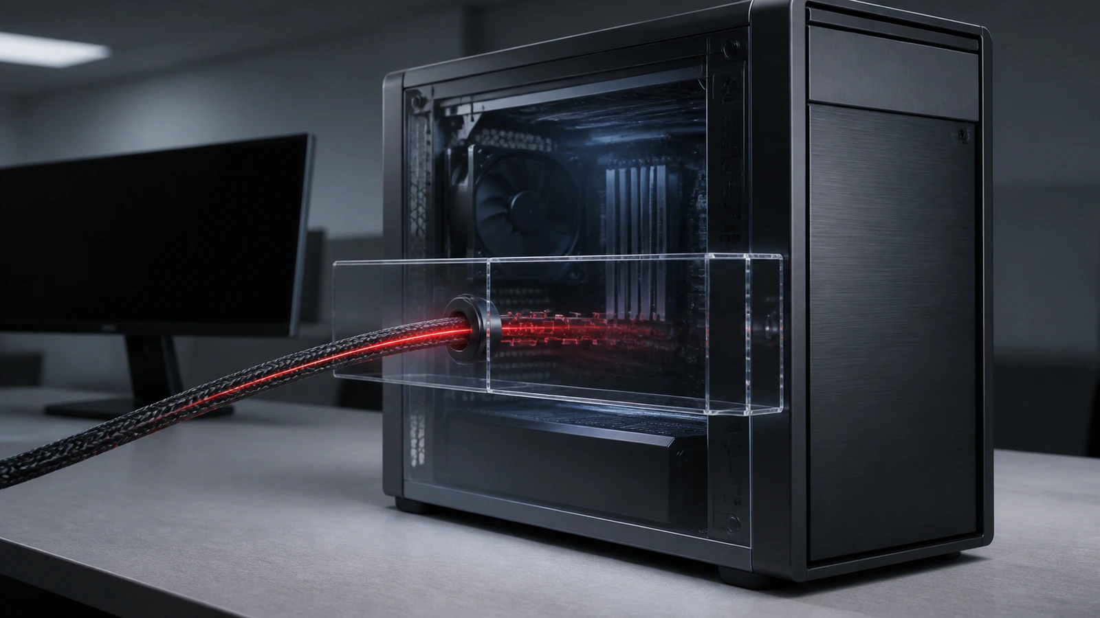 A Windows workstation sits behind a transparent runtime layer while an encoded cable leads toward it.