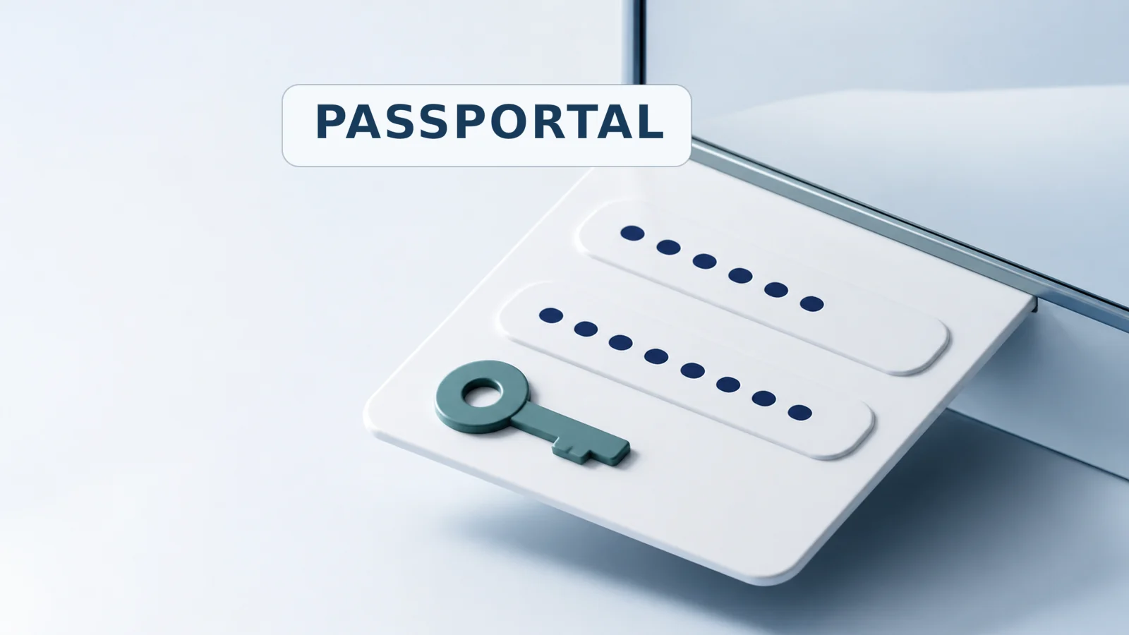 A browser credential card slipping beneath a frame boundary, with the Passportal name in pale negative space.