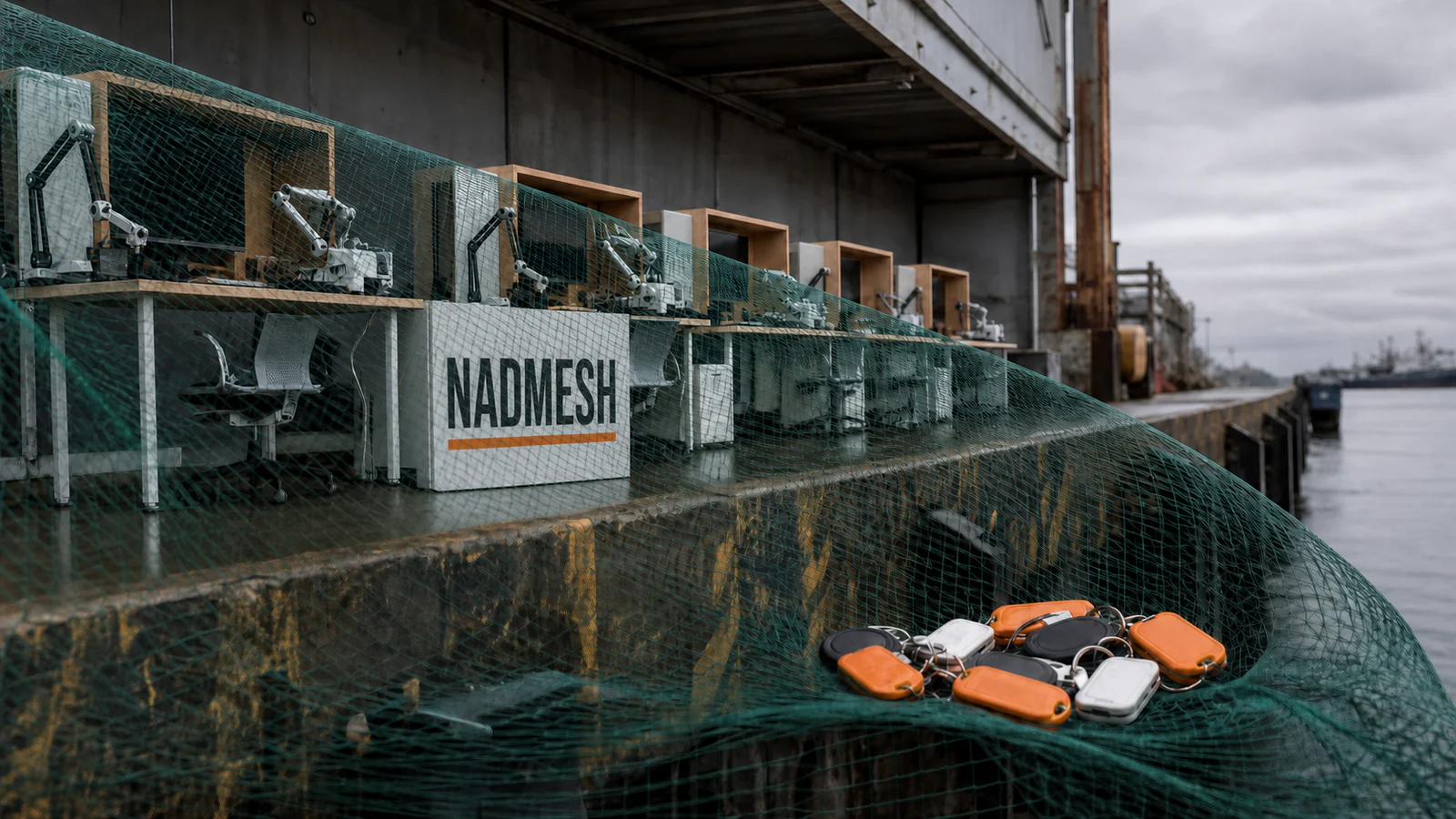 A green mesh net sweeps across exposed AI workstations and gathers orange and white access badges.