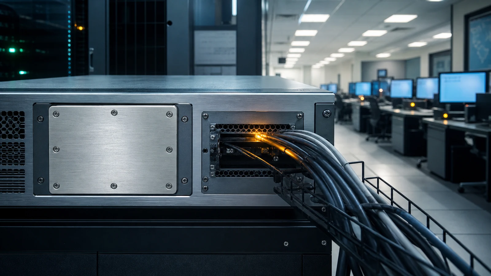 A freshly sealed service plate sits beside an open cable conduit carrying an amber signal from a central operations appliance toward rows of managed workstations.