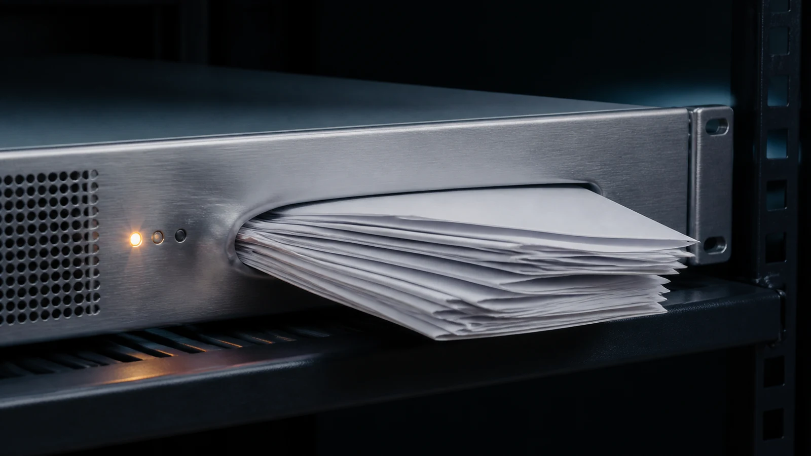 A network appliance chassis beside an overfilled document tray whose papers spill into the machine, with no logos or text.
