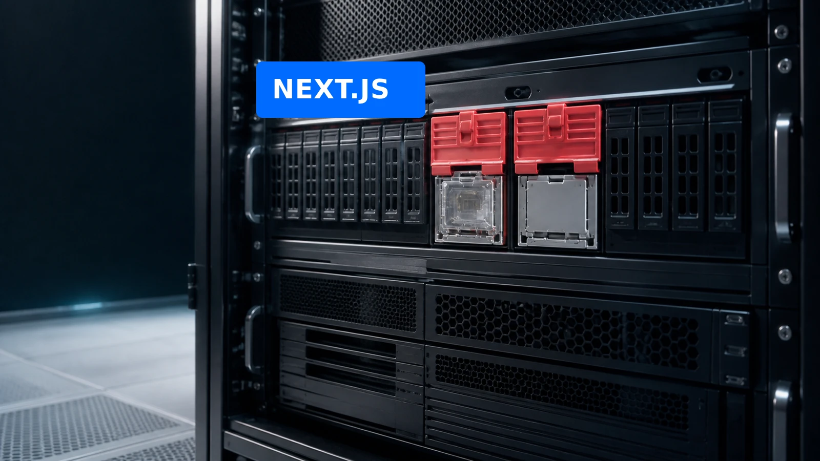 A server rack with one image-processing tray and one Windows-hosted application bay isolated behind red safety shutters.