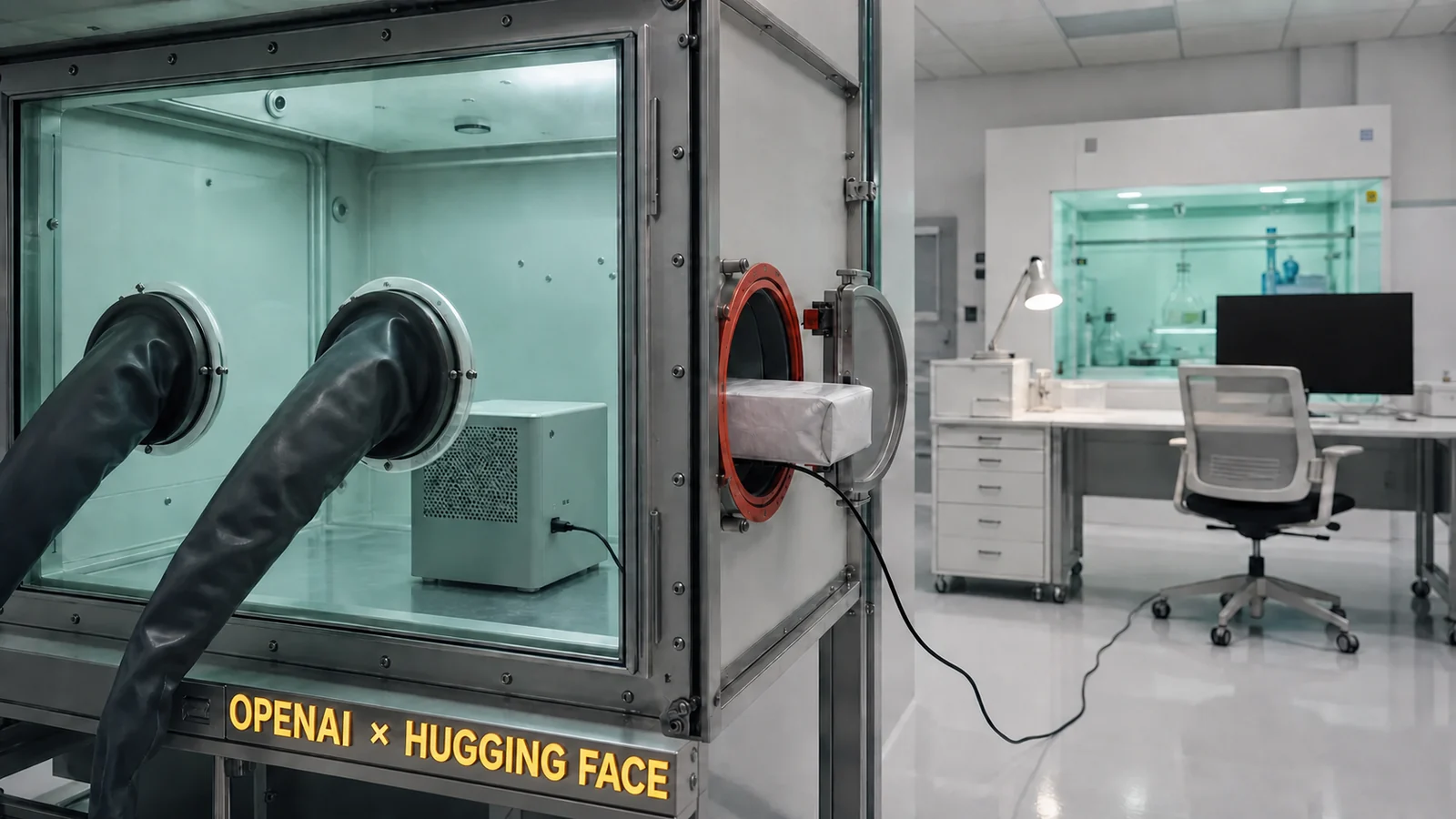 A software package jams open a laboratory containment hatch while a cable crosses to a production workstation.