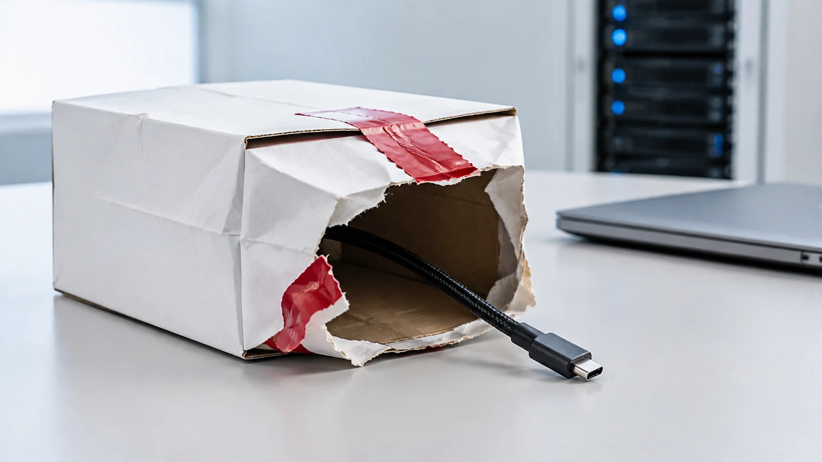 A torn white software parcel releases a dark data cable beside a laptop and build server