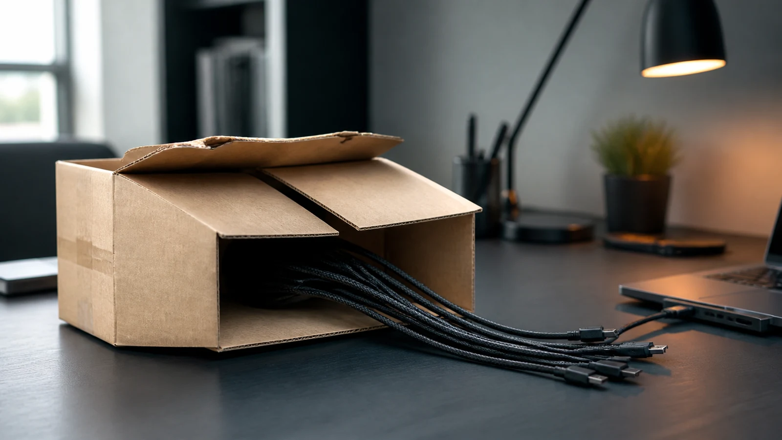 A developer workstation beside an open shipping crate threaded with tangled data cables