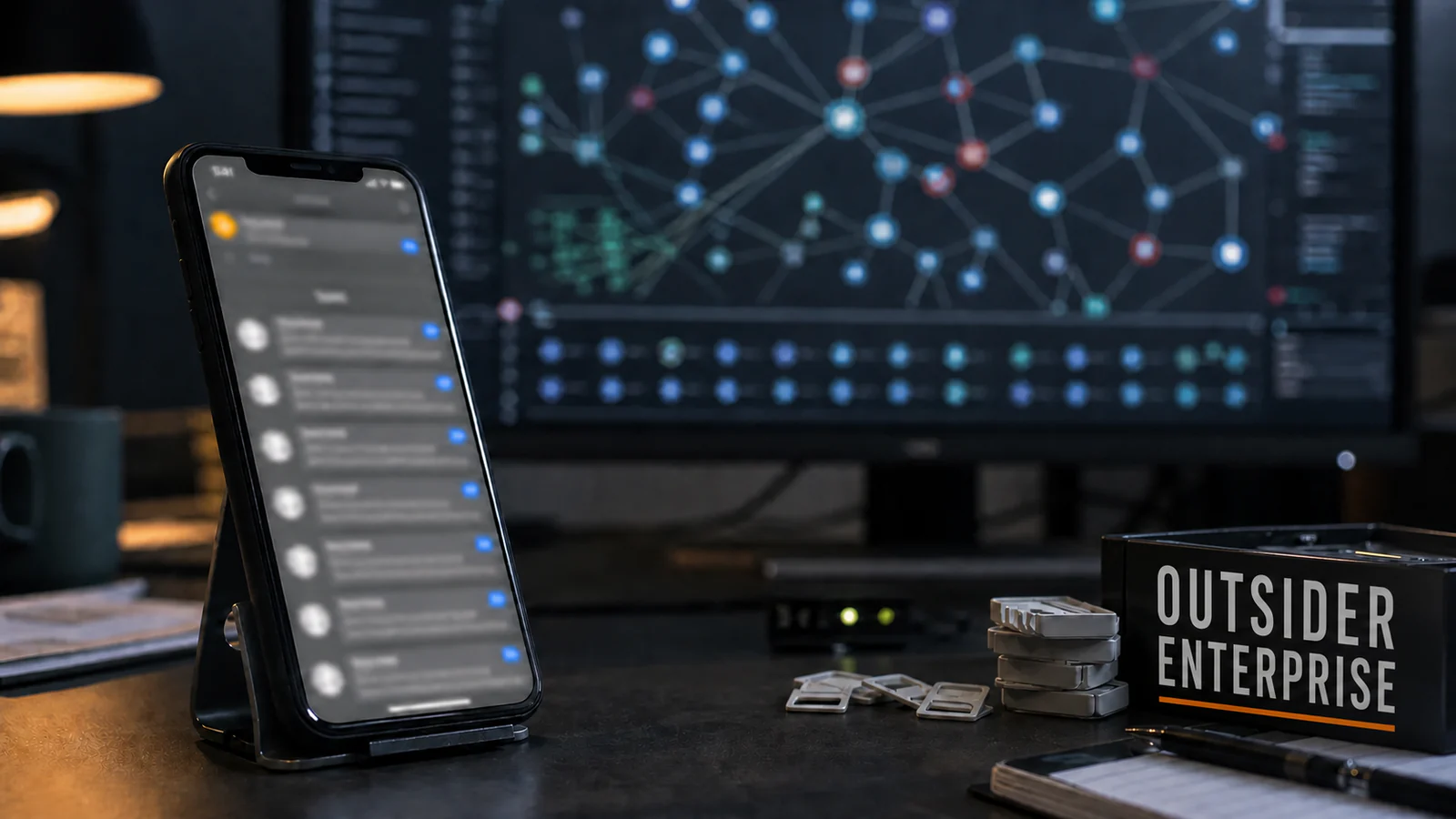 A phone receiving blurred messages sits beside SIM trays while a domain network map fills an analyst monitor.