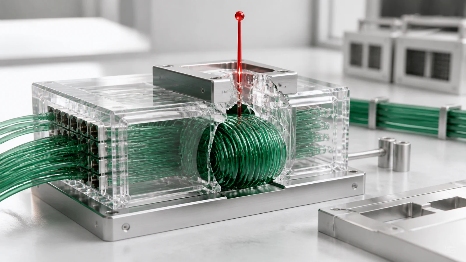 An oversized coil of emerald network fibers breaks through a clear kernel chamber and drives a red control pin through a metal limit gauge.