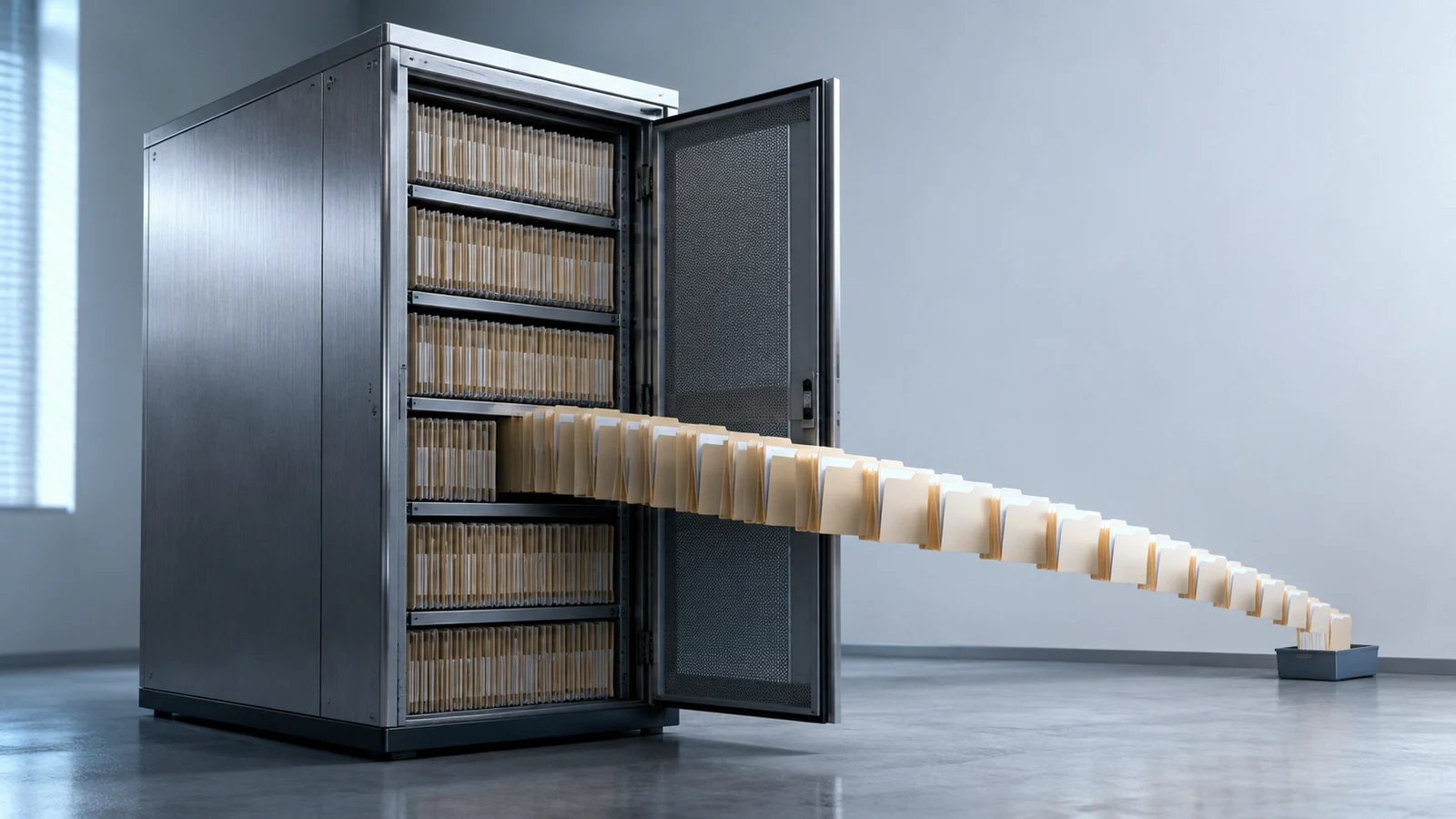 A self-hosted file server cabinet stands open as document folders stream toward a distant collection point.