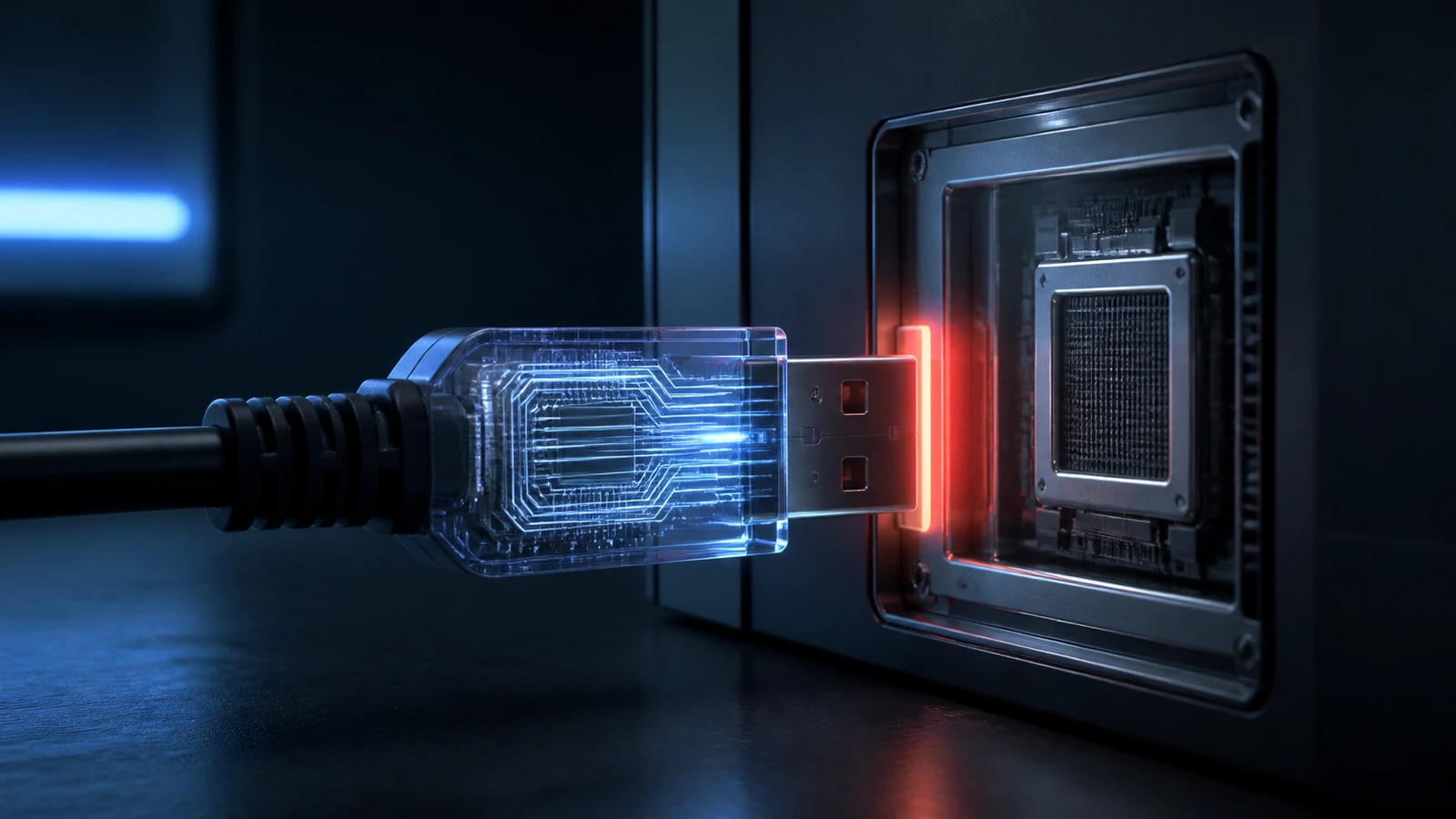 A crafted USB device descriptor passes through a Windows driver-install boundary toward a privileged system core.