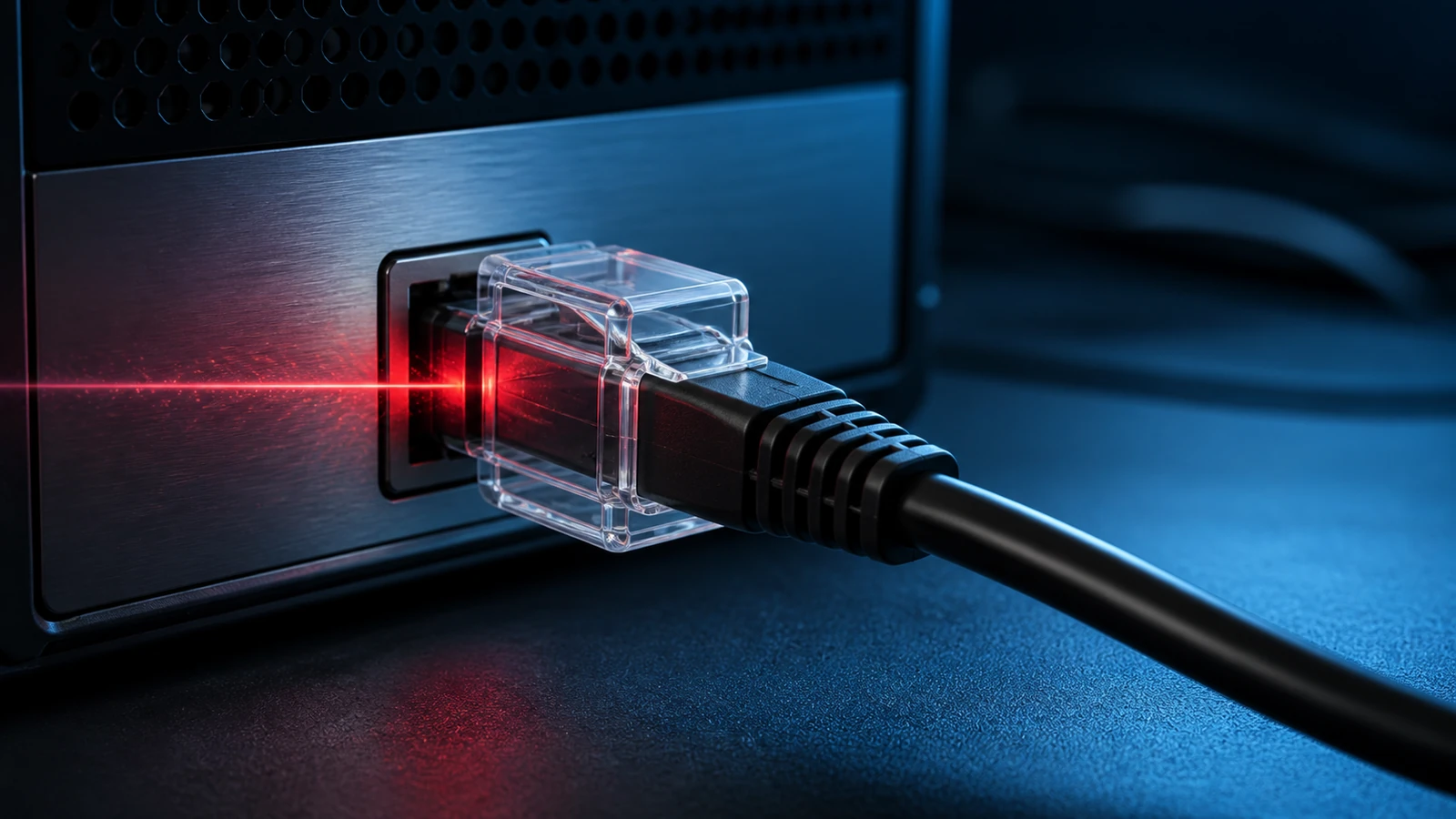 A black Ethernet cable enters a workstation through a clear isolation collar, where a narrow red signal stops under cool blue light.