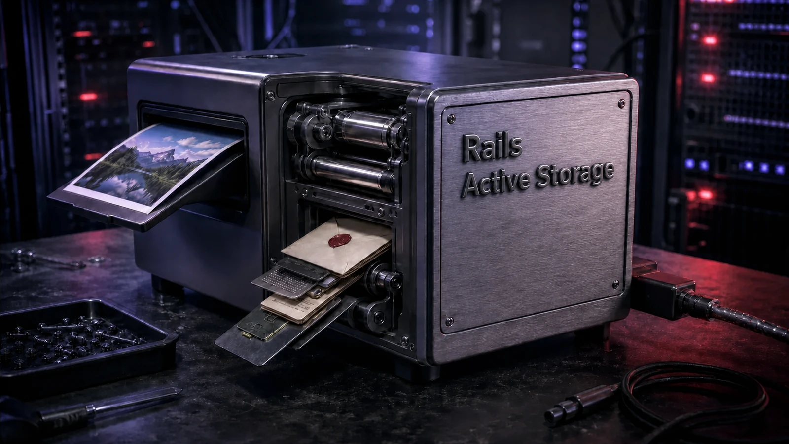 A server-side photo processor pulls credential envelopes and key cards from a sealed compartment while handling an uploaded image.