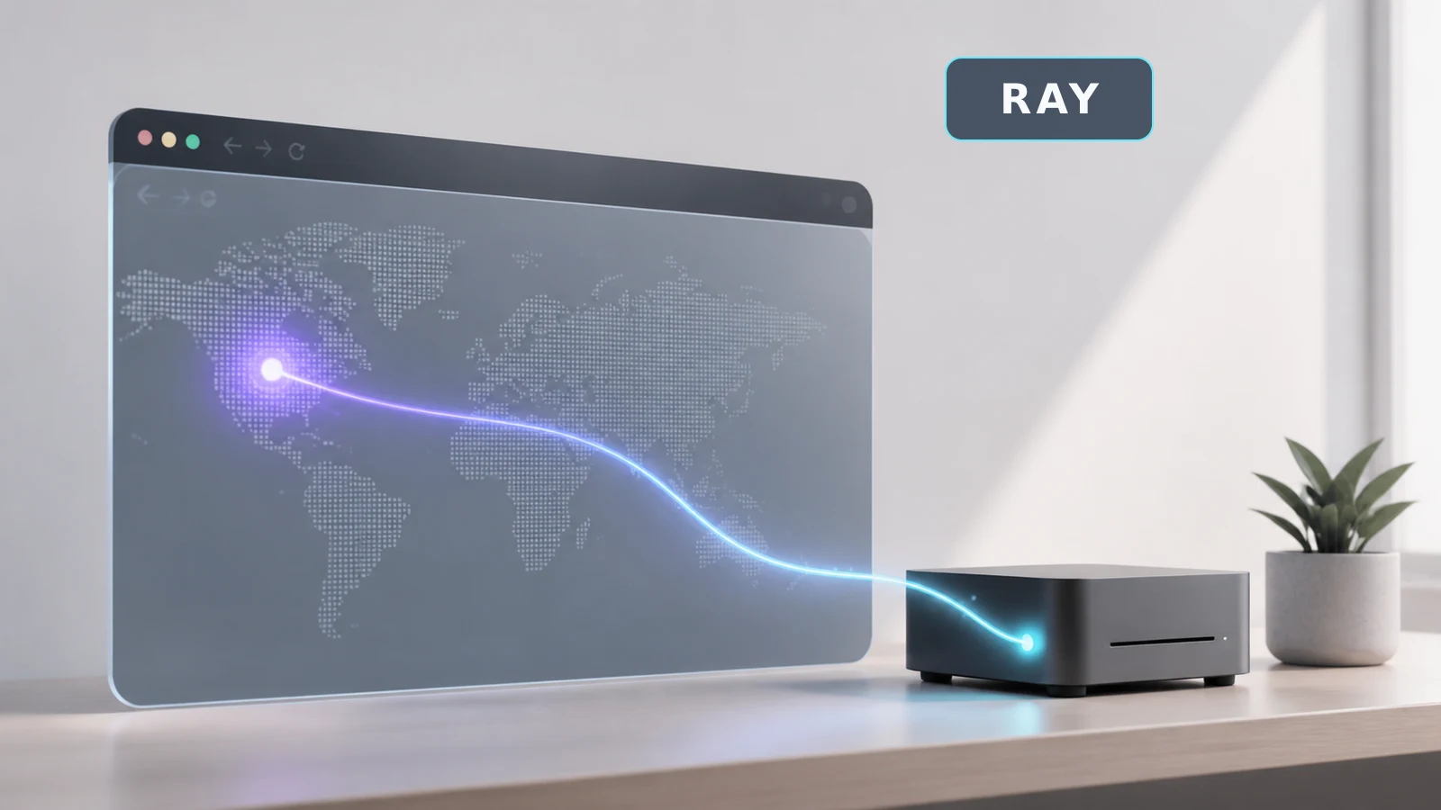 A browser window facing a single workstation through a shifting network address, illustrating a hostile page reaching a local Ray service.