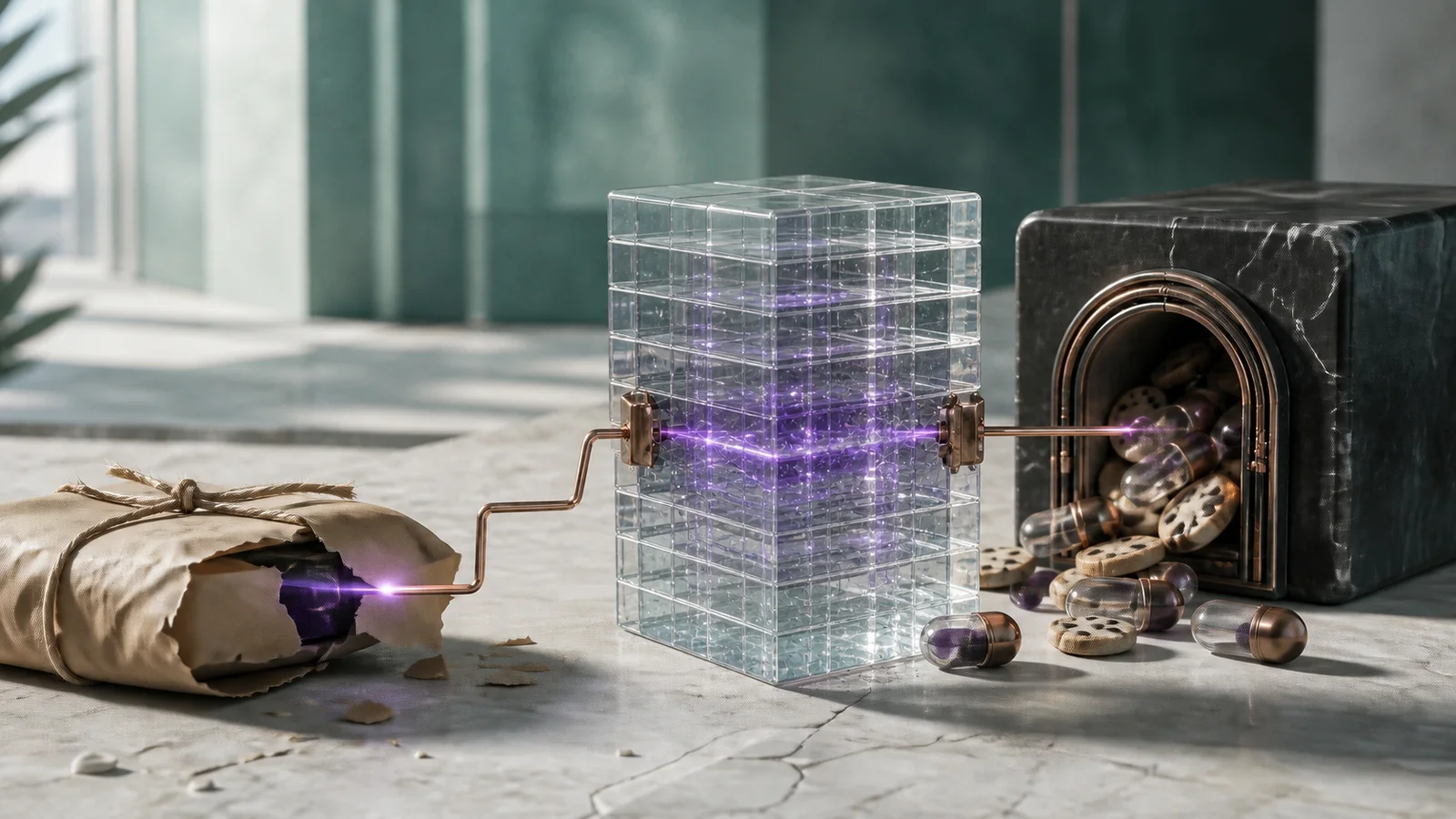 A torn software parcel feeds a copper signal through a clear crystalline relay toward a dark browser vault spilling cookie-like session tokens and credential capsules.