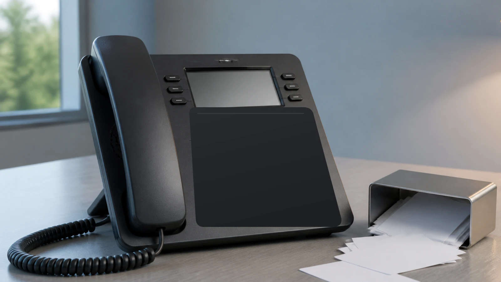 A business desk phone beside a spilled stack of contact cards in a dim office, with no visible names or numbers.