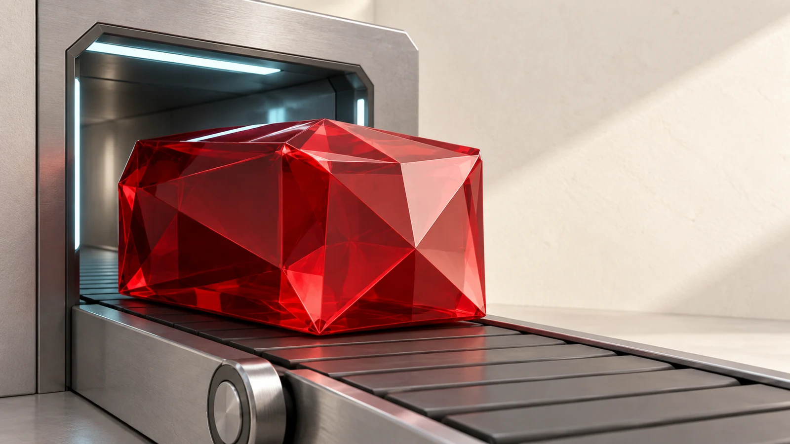 A ruby-red package rests on a documentation conveyor entering an isolated build chamber.