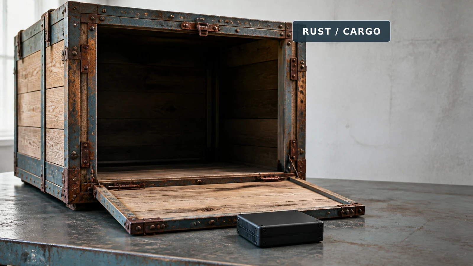 A Rust build crate opens on a workbench as a concealed executable drops beneath it.