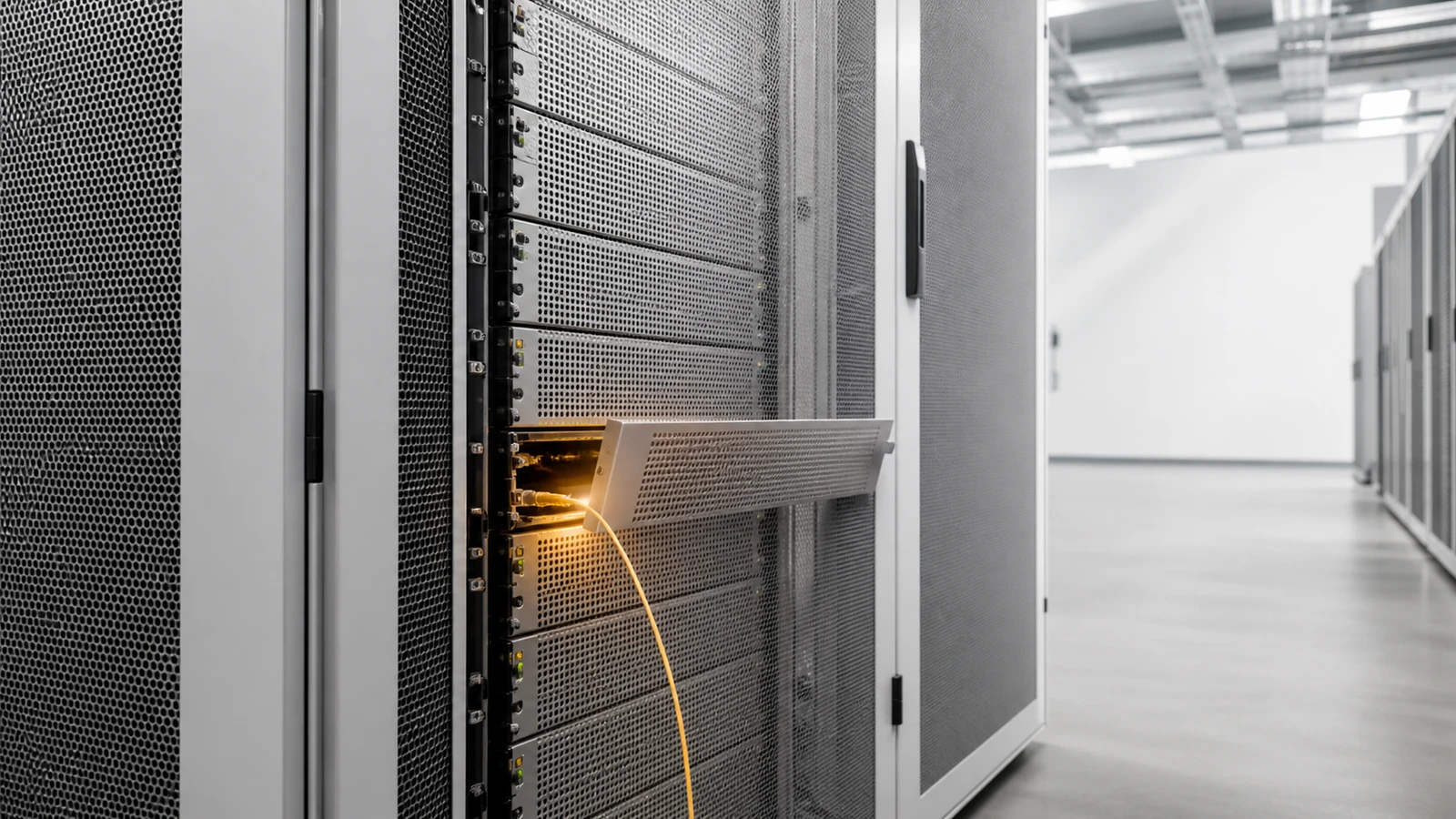 An enterprise server rack with one open maintenance panel and a four-stage intrusion path converging on it.