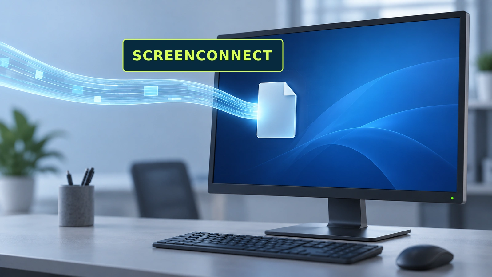 A ScreenConnect client workstation receives a remote file through an active support session.