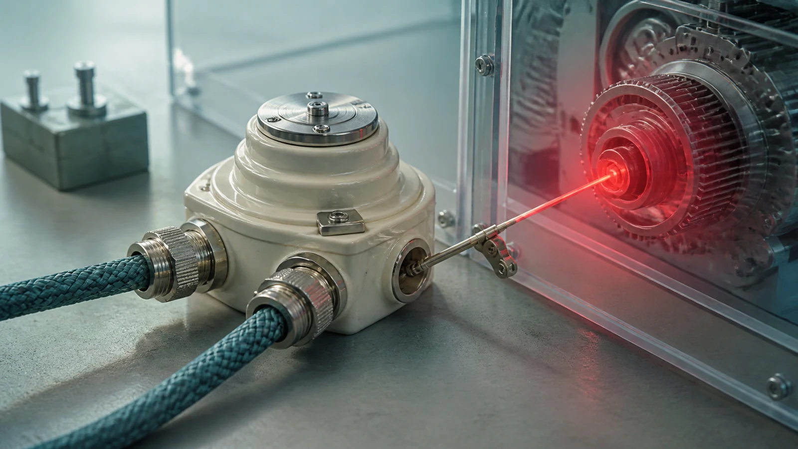 A cream network junction retains a thin pointer into a removed socket, carrying a restrained red signal through a clear container wall toward host machinery.