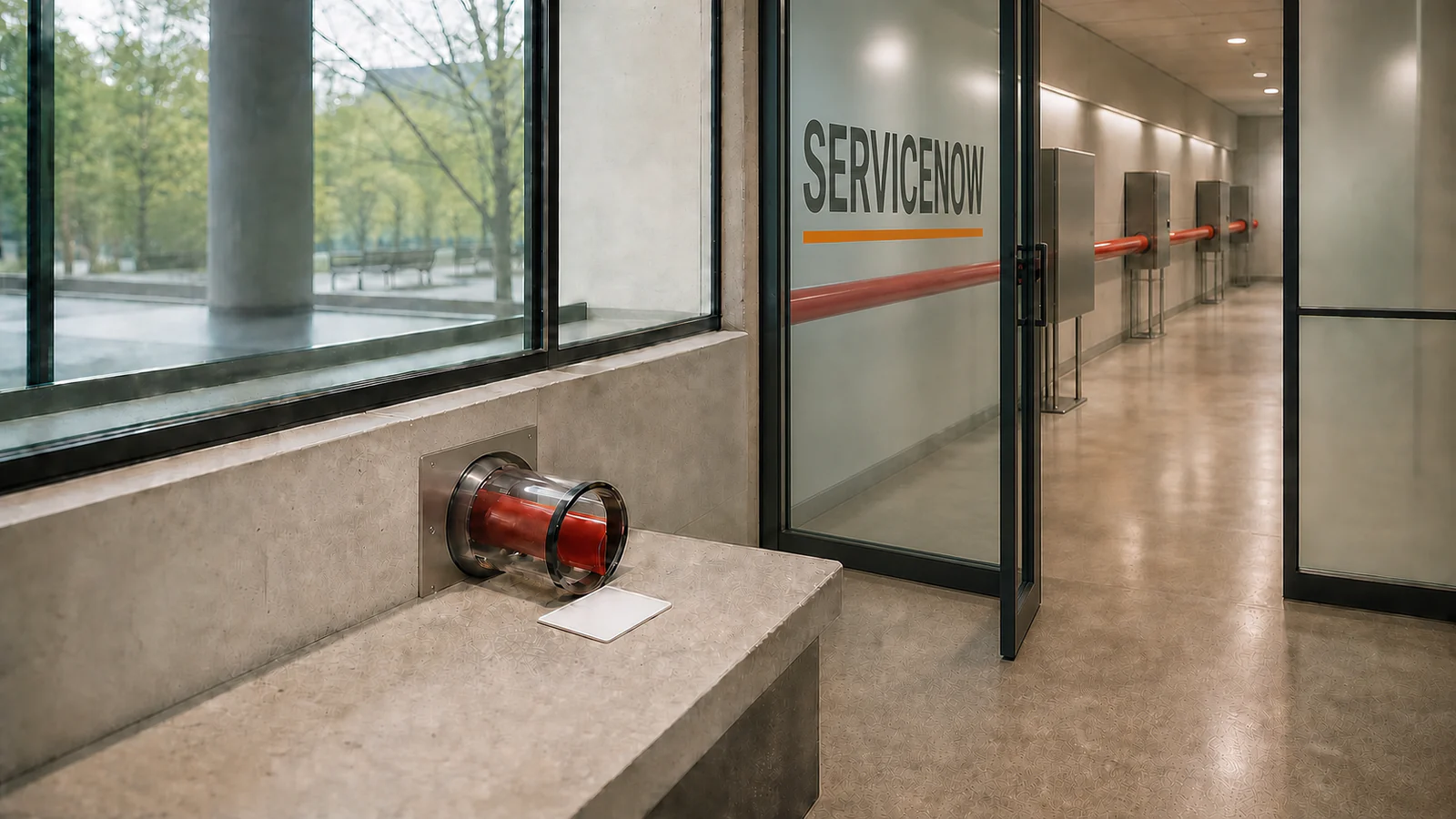 A blank request card enters a red transfer tube that crosses an open glass door into internal relay cabinets.
