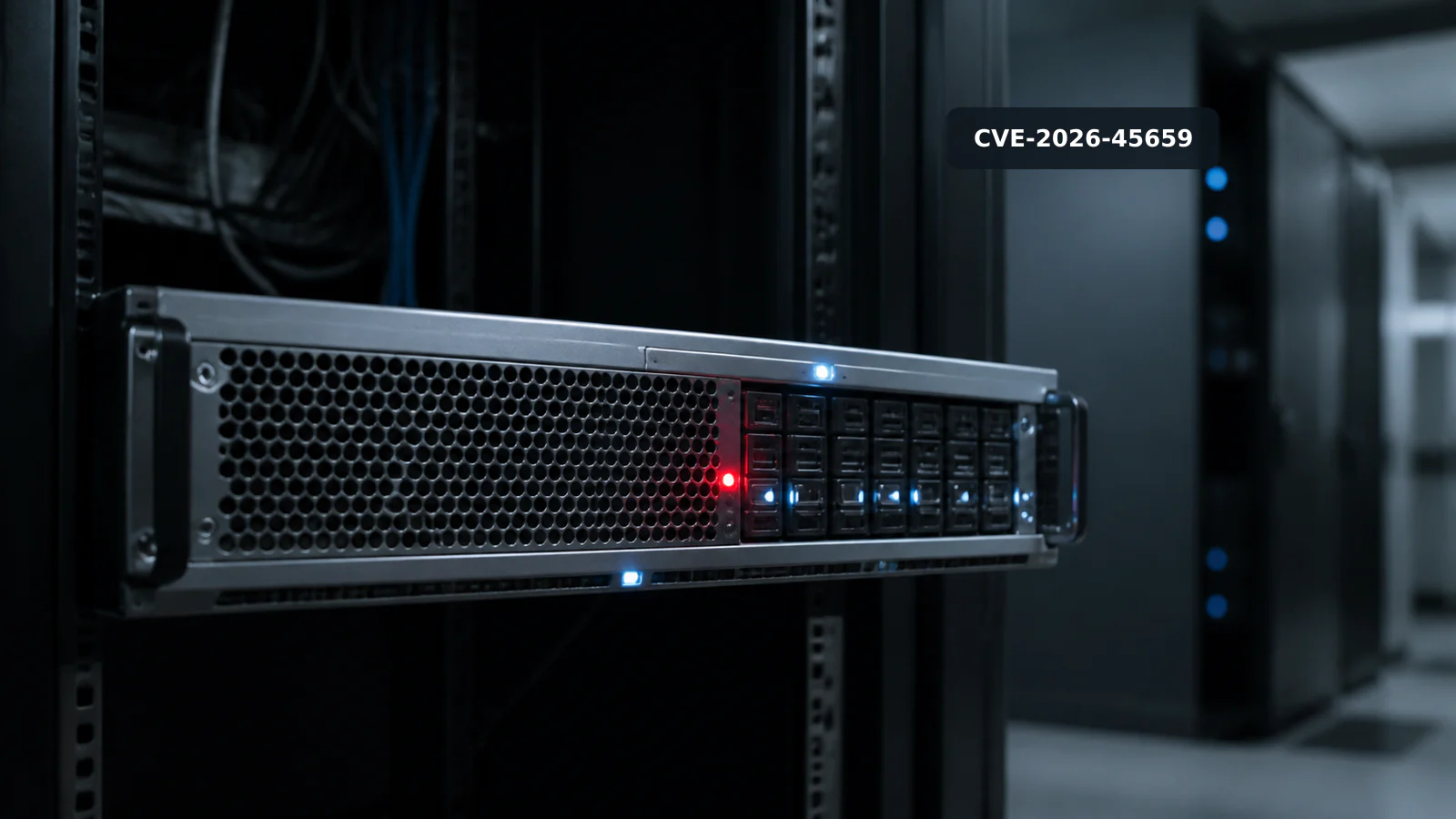 A rack-mounted enterprise server with one red warning light in a dark server room