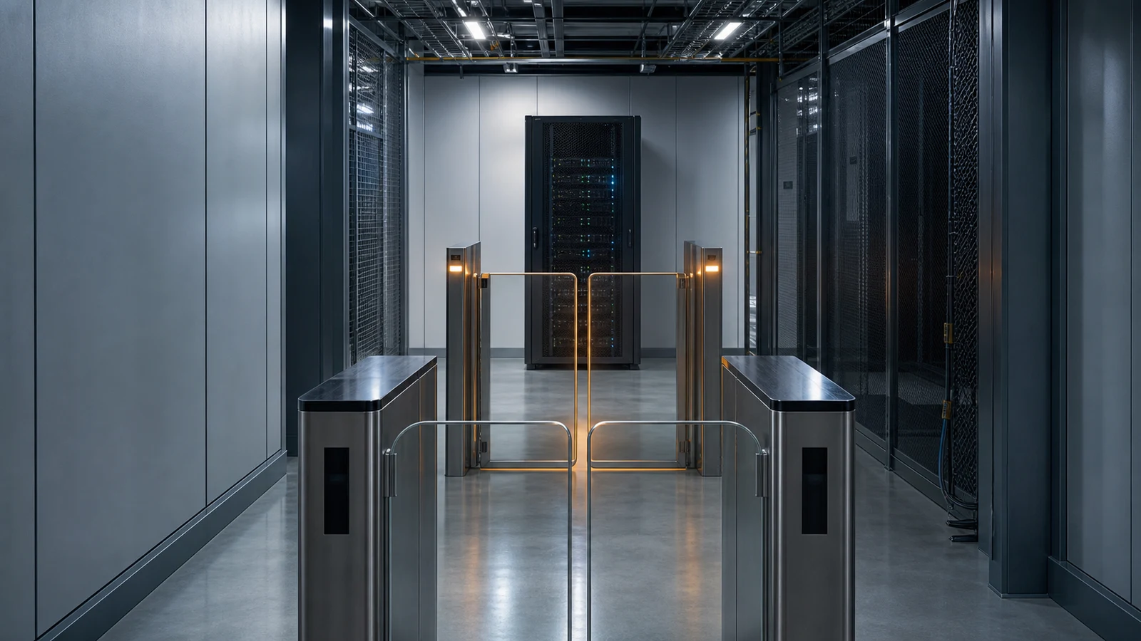 Two interlocking server access gates leading toward a protected SharePoint service process.