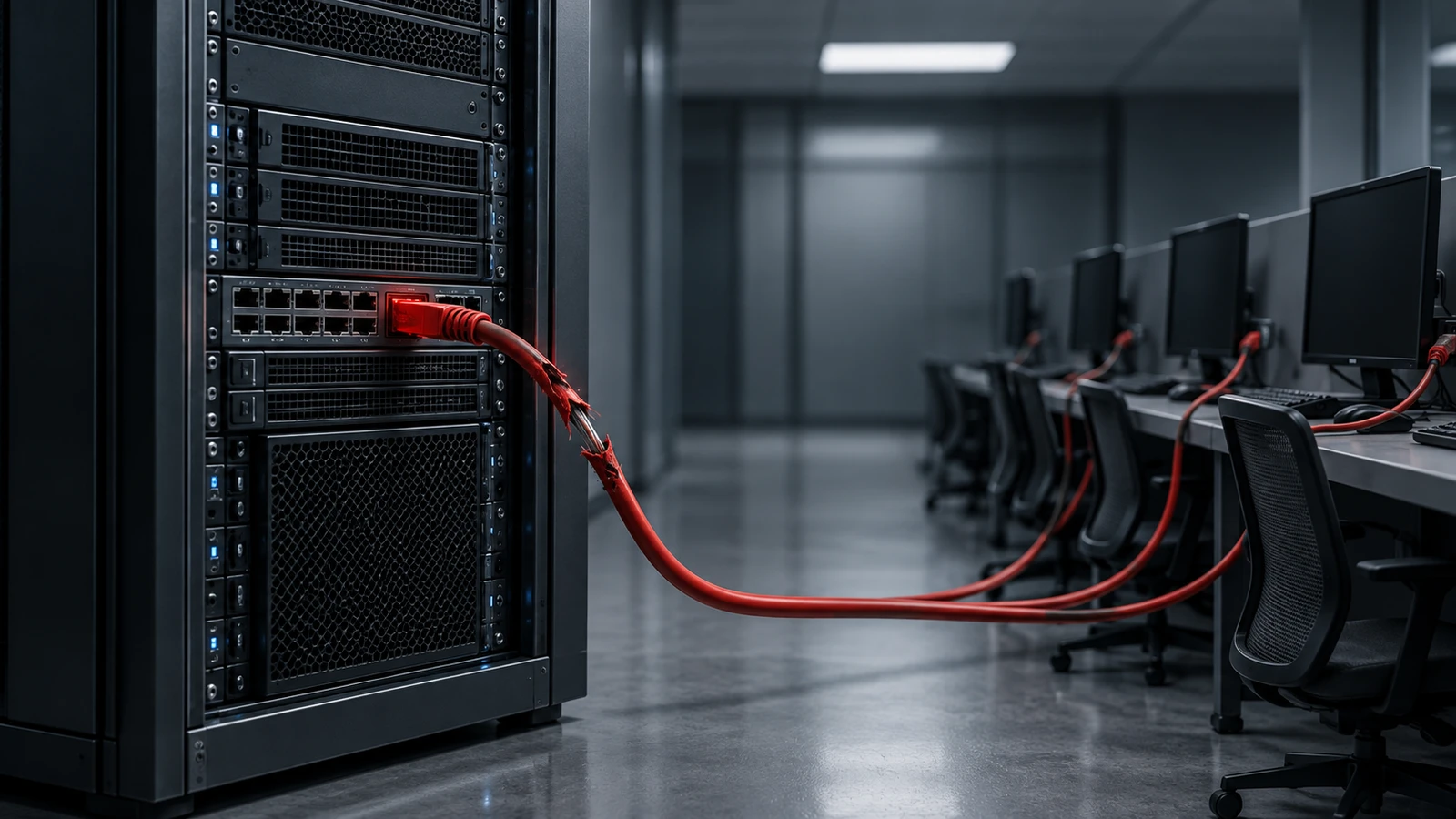 A Windows server rack beside a damaged red cable and a row of monitors.