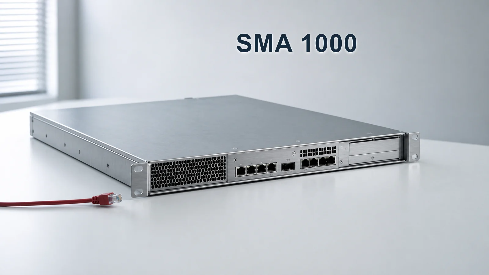 An isolated rack-mounted remote-access appliance beside a disconnected red network cable, with an SMA 1000 editorial identifier.