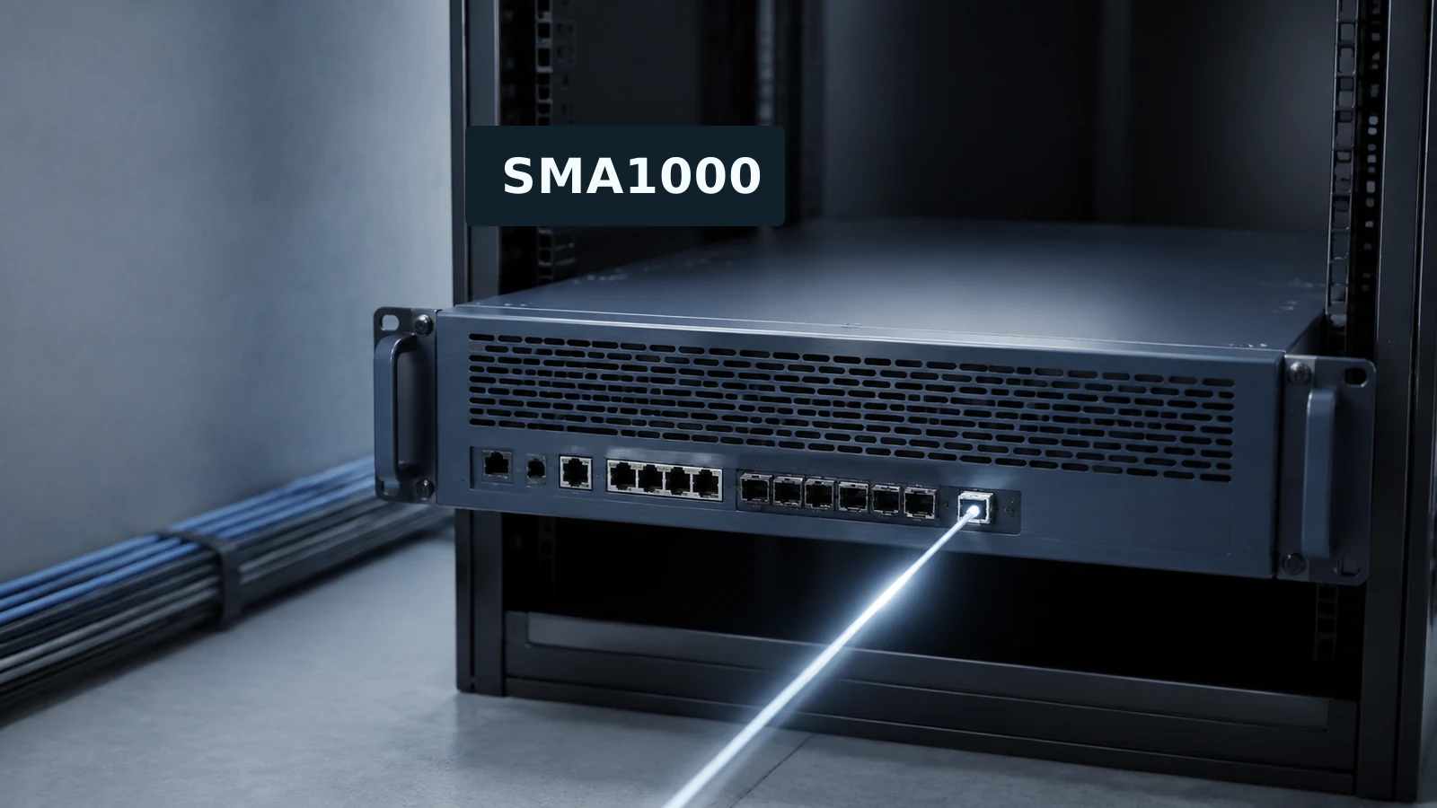 An editorial depiction of a rack-mounted remote-access appliance with a bright network cable and an SMA1000 label