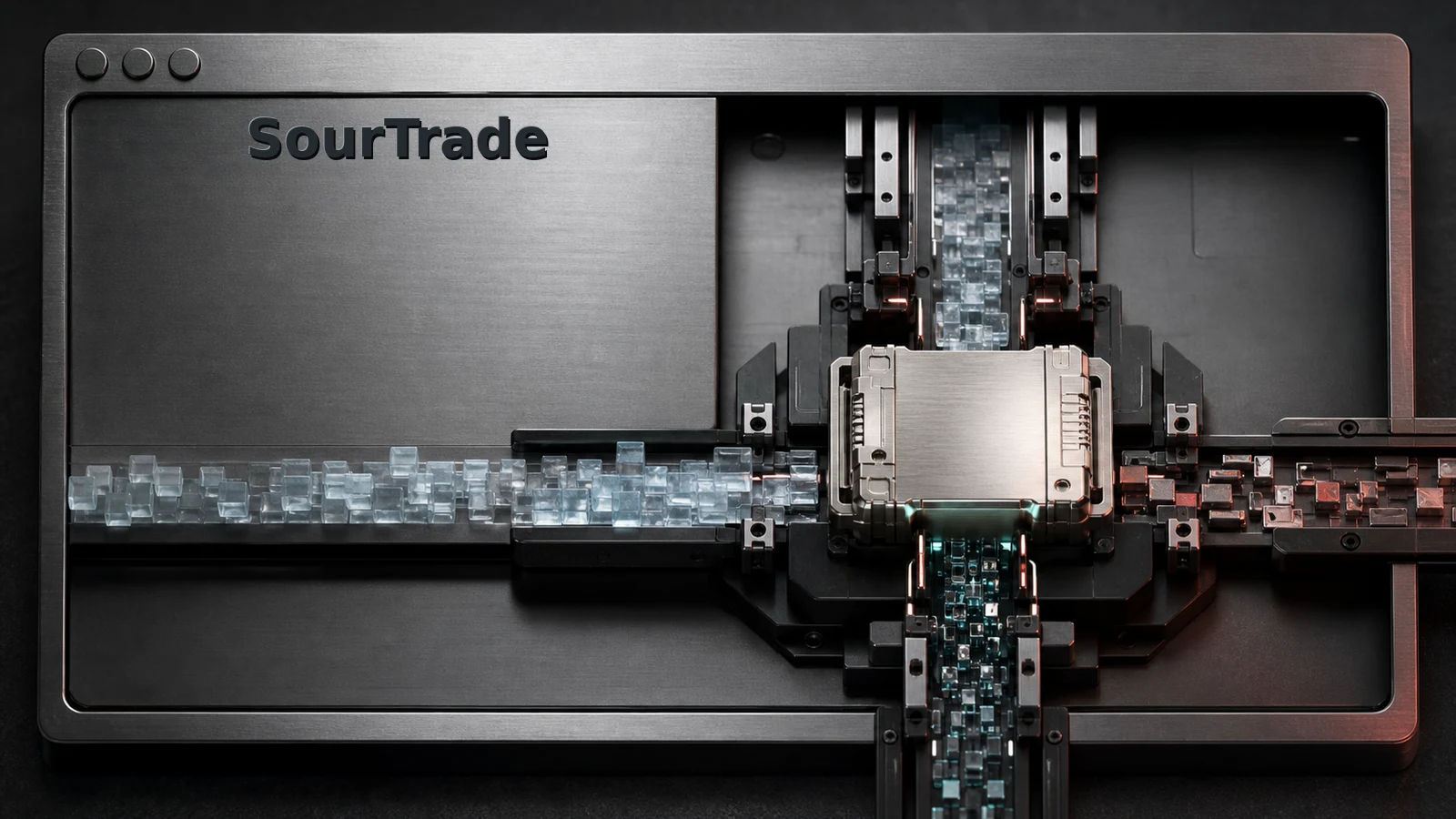 A browser window rendered as a physical assembly bench, with separate byte blocks feeding a newly formed Windows executable.