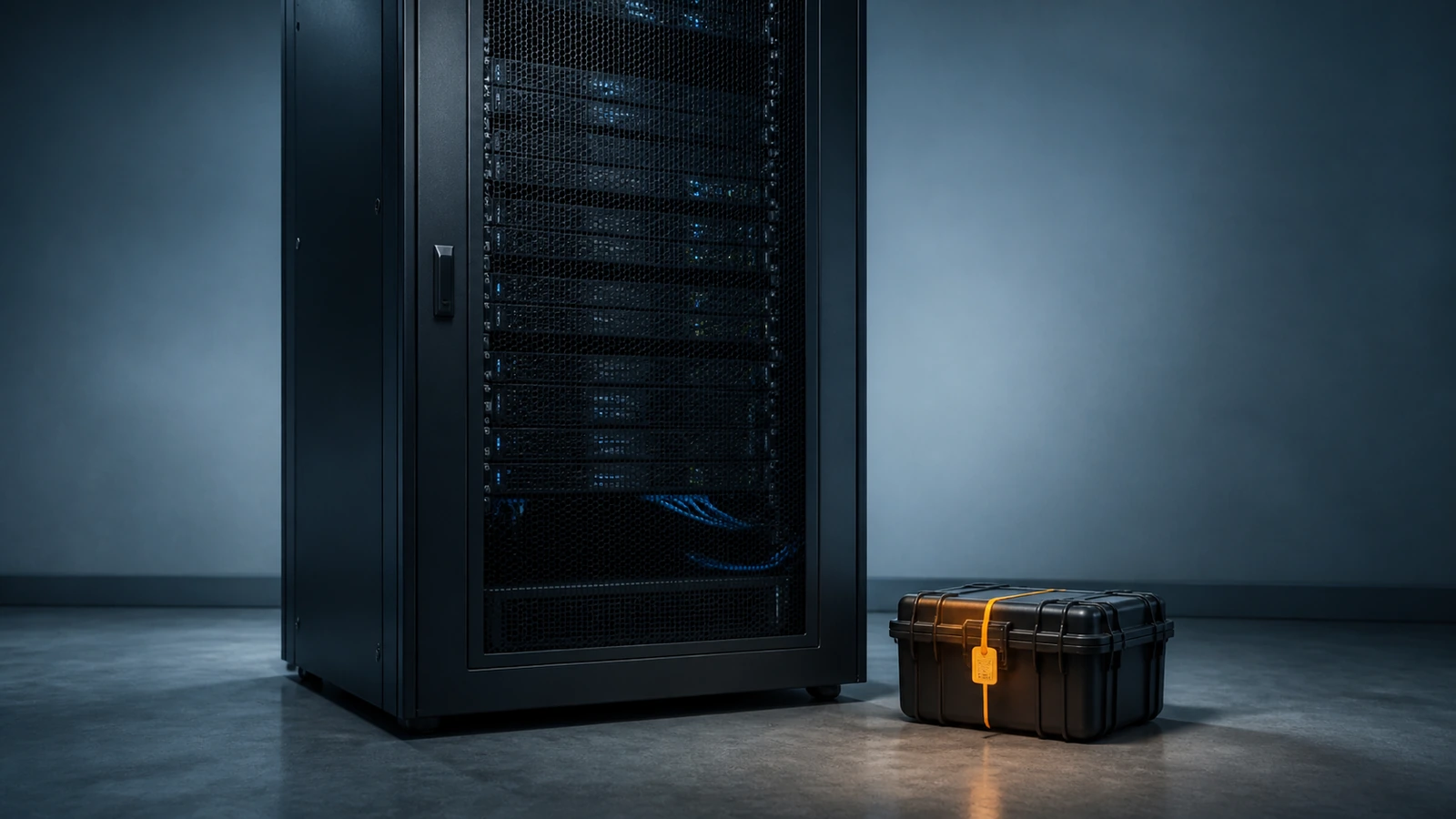A database server rack beside a black evidence case secured with an orange seal in a cool, low-lit room.