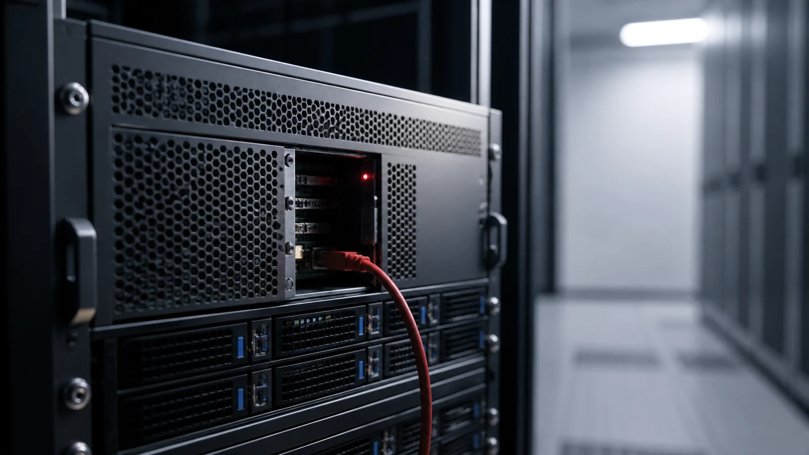 A partly open web server exposes one unauthorized red network cable in a cool-lit server room.