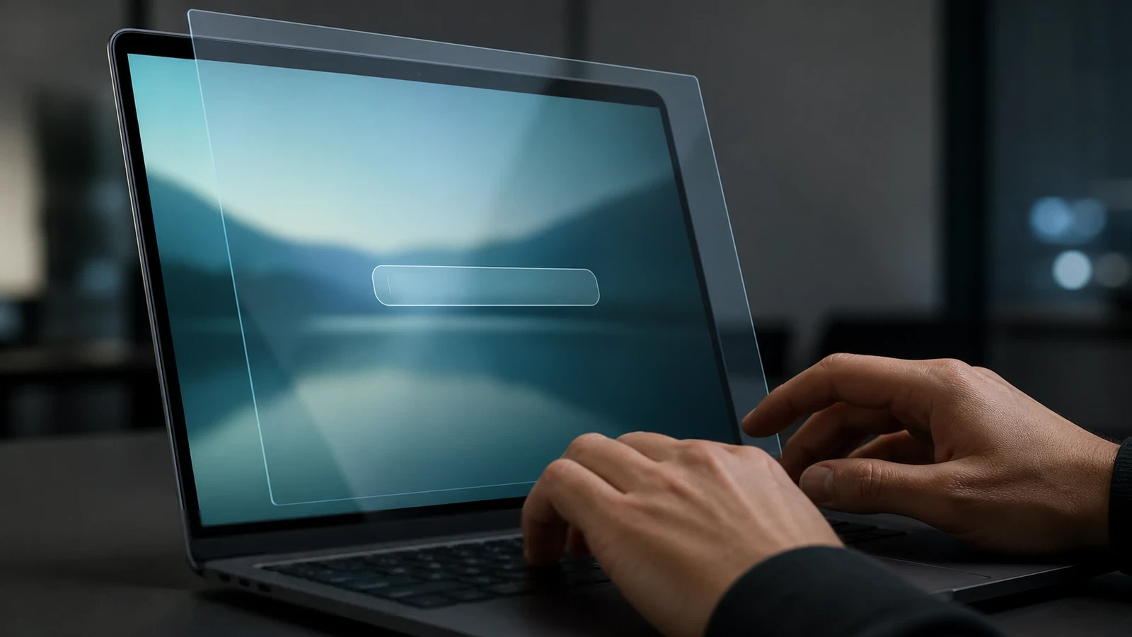 Hands pause over a laptop beneath a visibly offset translucent lock-screen layer