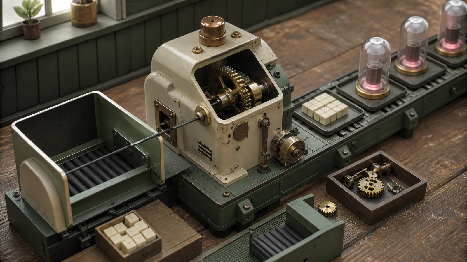 An unguarded intake lets a thin black probe reach the gears of a cream and green workshop machine, with downstream artifact trays and credential capsules beginning to glow burgundy.