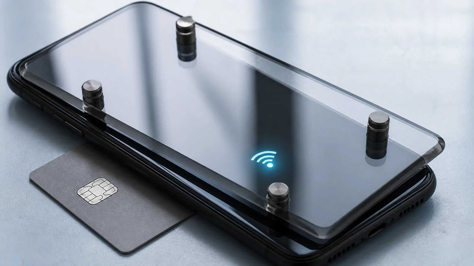 An Android phone trapped under transparent glass beside a bank card, with a wireless symbol glowing on the screen