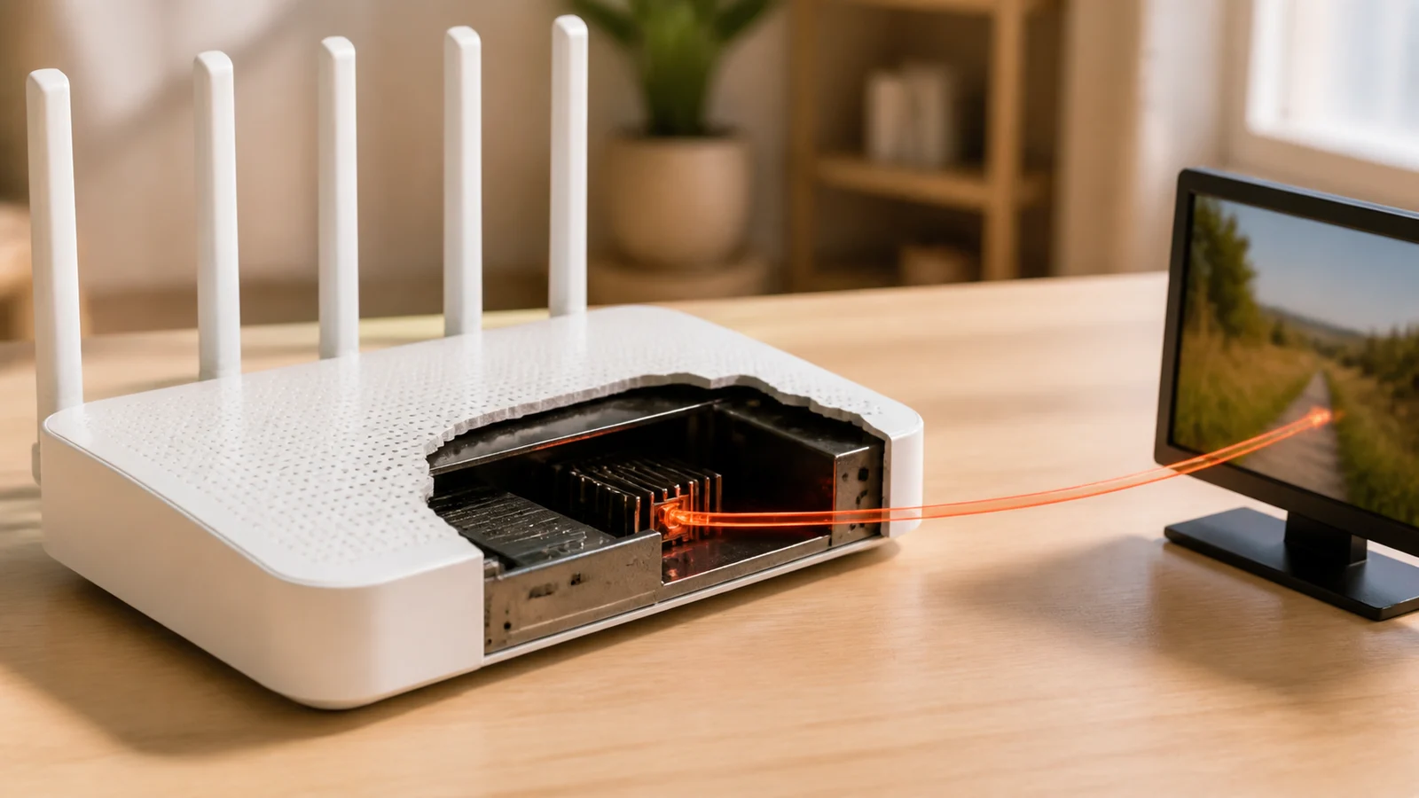 An unbranded white home router cut open as a red-orange signal from a video screen enters its dark internal hardware.