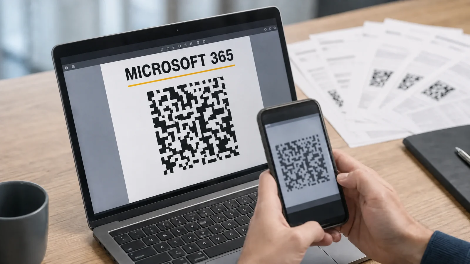 A phone held in front of a laptop displaying a deliberately nonfunctional QR-like pattern, with similar PDF pages scattered behind it.