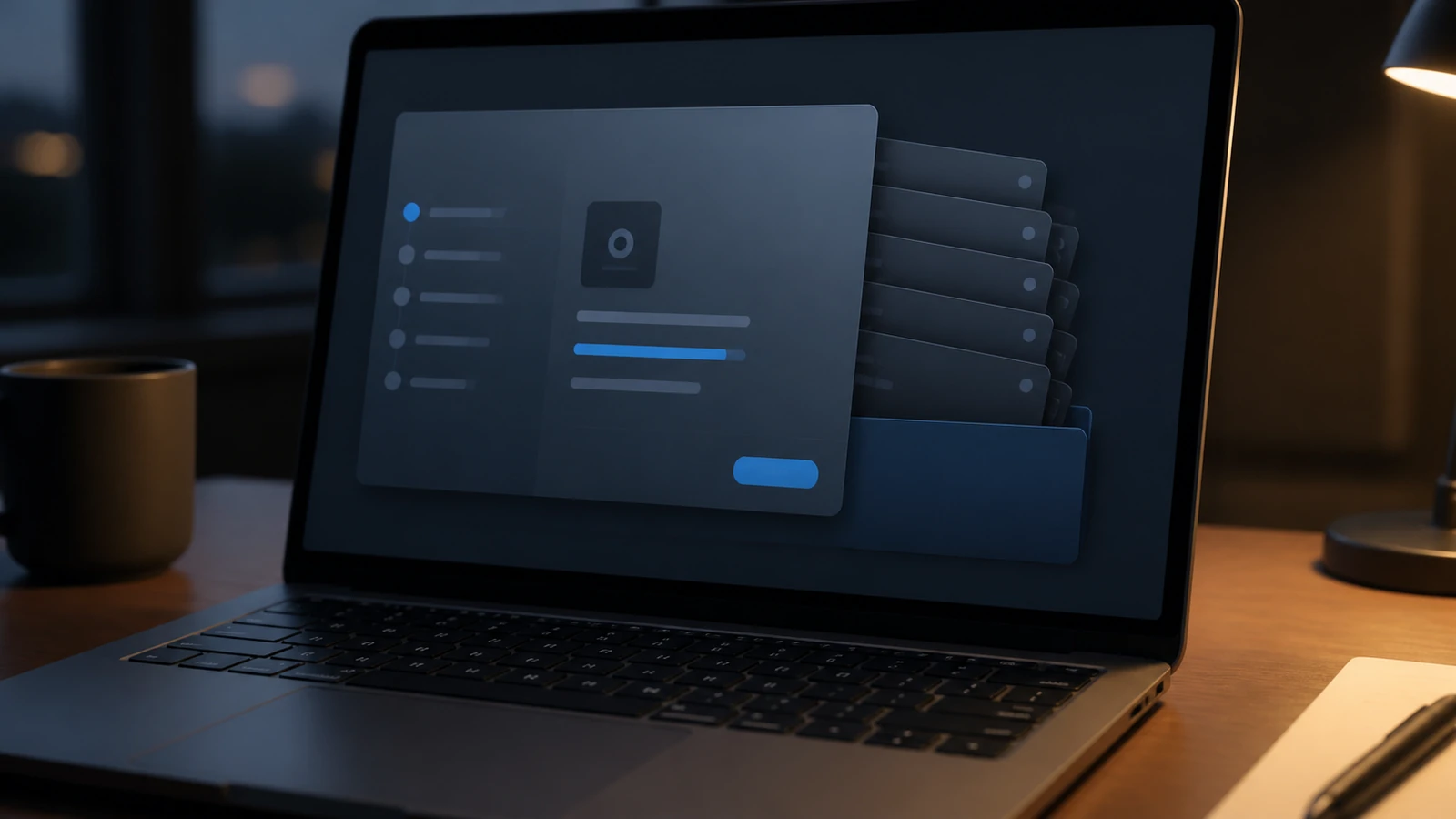 A developer laptop with a visible software install panel while several hidden configuration cards slide behind it into a workspace file.