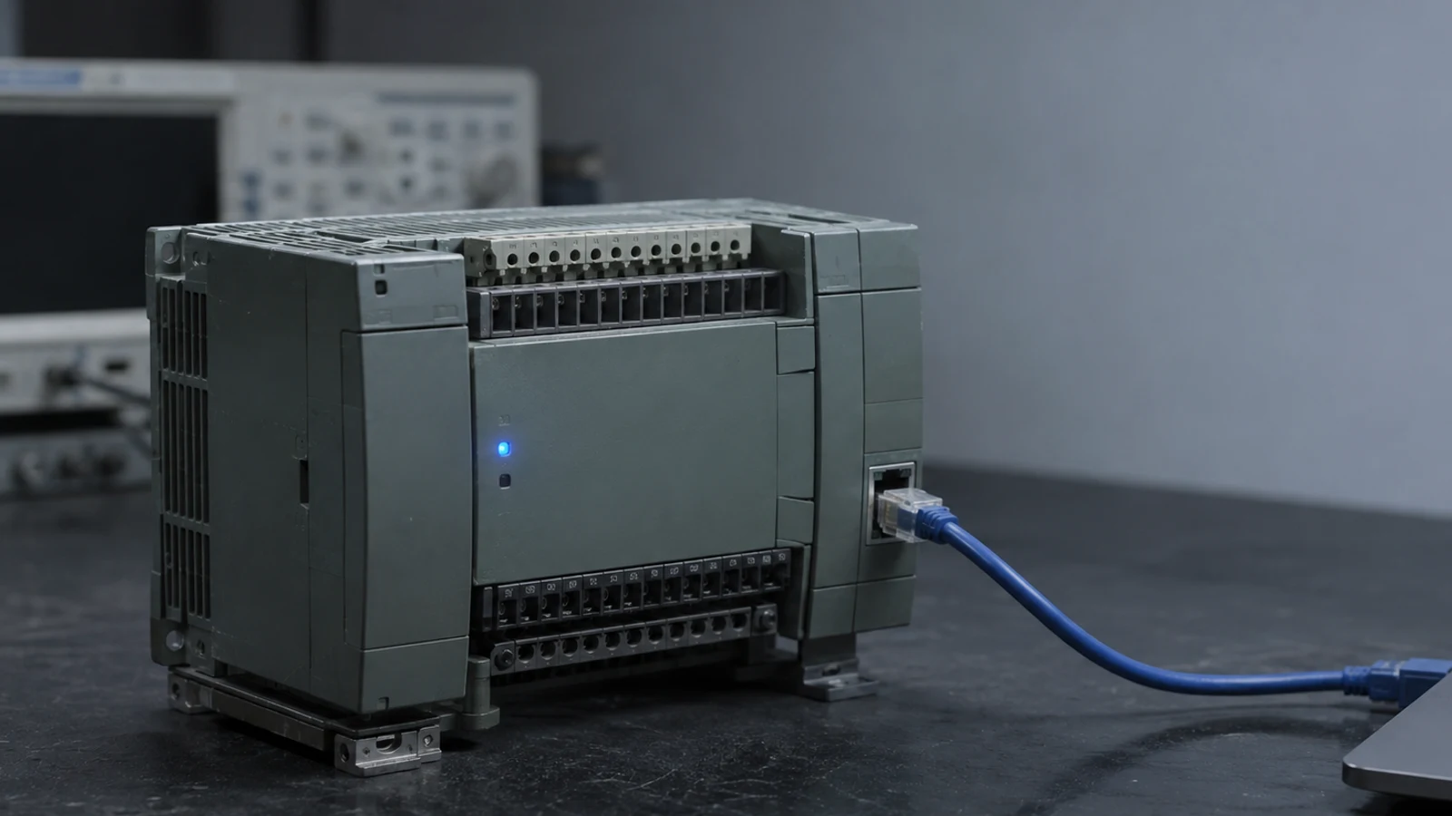 An industrial controller sits on an isolated workbench beside a laptop and network cable.