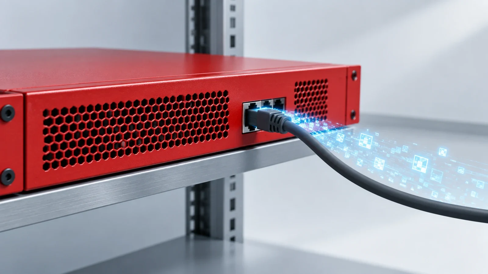 A red rack-mounted firewall appliance with an attached network cable and a blue data stream extending from the port.