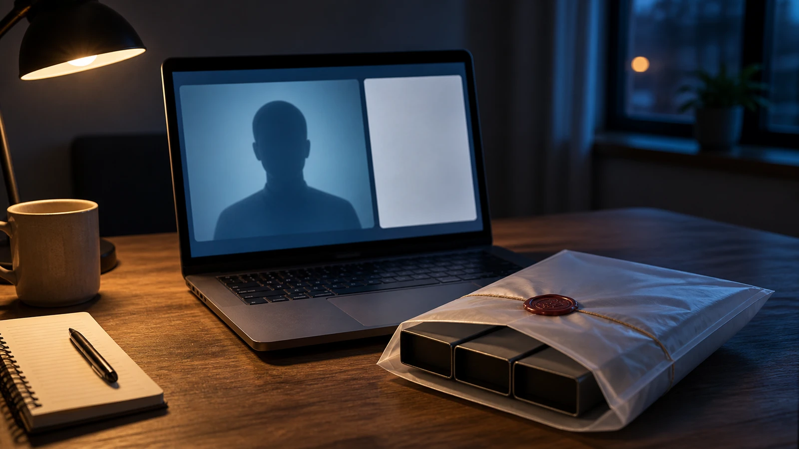 A job interview video call on a laptop sits beside a signed software package opening into three concealed payload compartments.